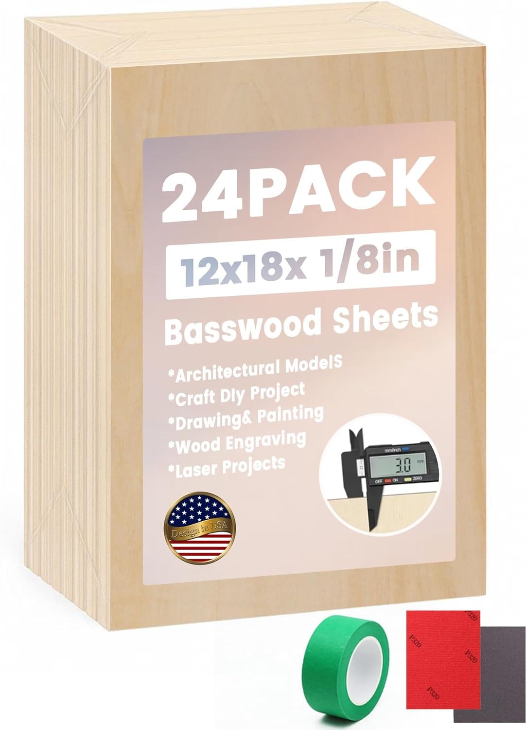 24-Pack Basswood Sheets 1/8" X 12" X 18" - Two Samples are Included Laser Engraving Blanks, 3mm Wood for Laser Cutting and Engraving Plywood Sheets (24 PC 12 * 18 * 1/8)