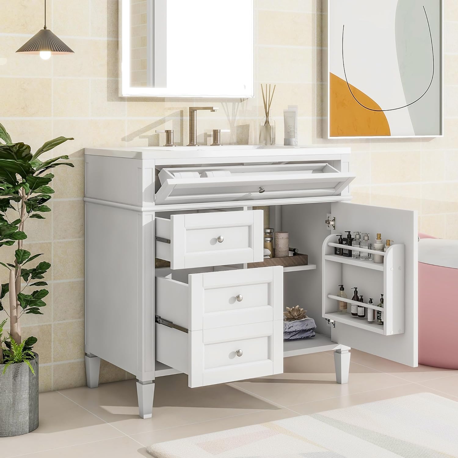 Linique 36" Bathroom Vanity with Sink Combo Set, Solid Wood Frame Modern Bathroom Storage Cabinet with 2 Drawers and a Tip-Out Drawer, Soft Closing Cabinet Door with Organizer, White