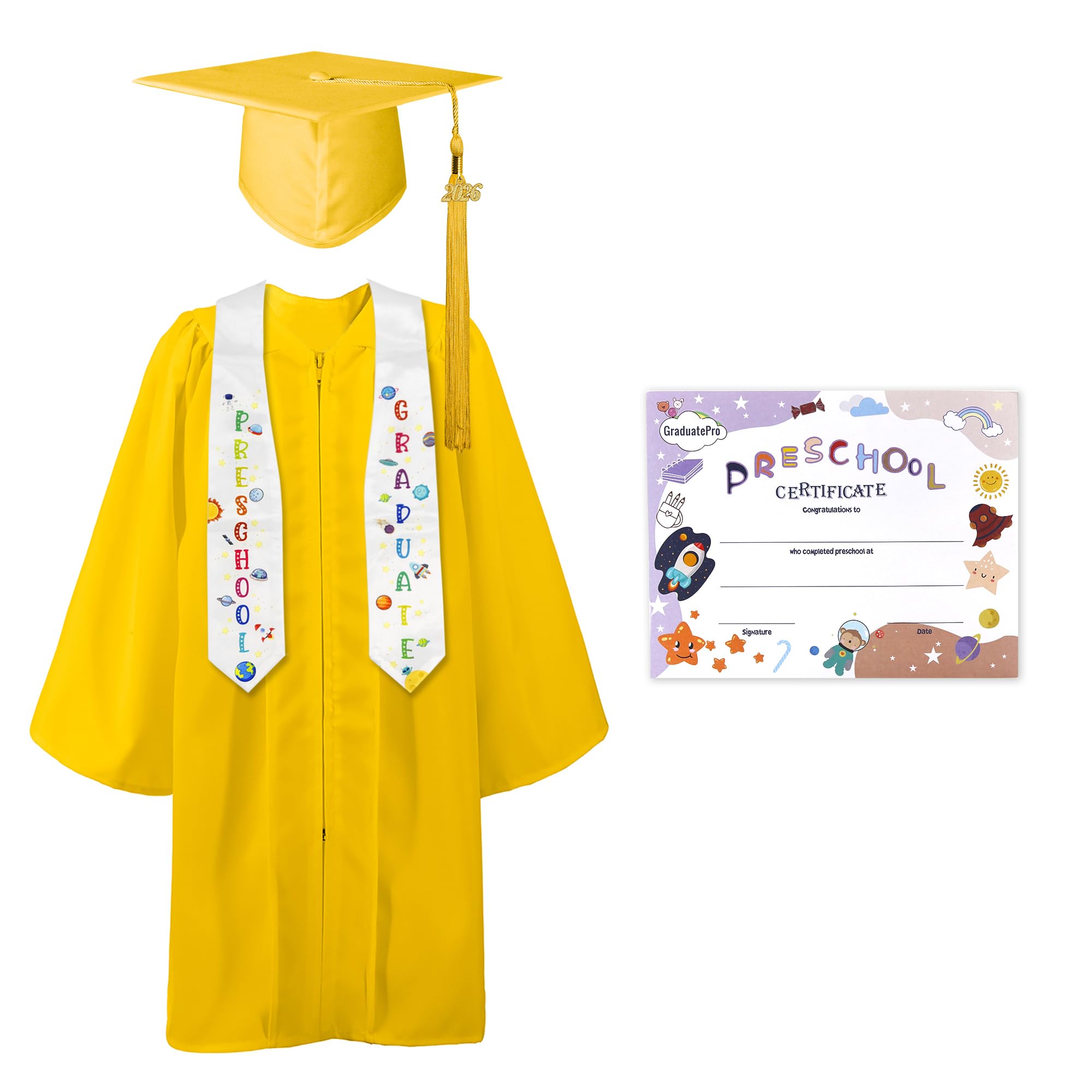 GraduatePro Preschool Graduation Cap Gown Class of 2026 Stole Certificate Package Tassel Set Grad Gift for Kids