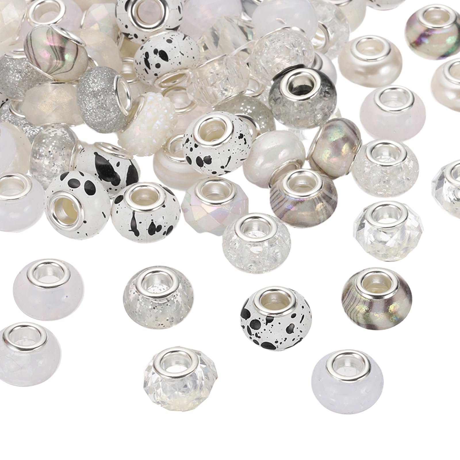 PATIKIL 100 Pcs Assorted European Large Hole Beads, 15mm Acrylic Spacer Beads European Rhinestone Craft Beads for Pen DIY Craft Bracelet Jewelry Making, White