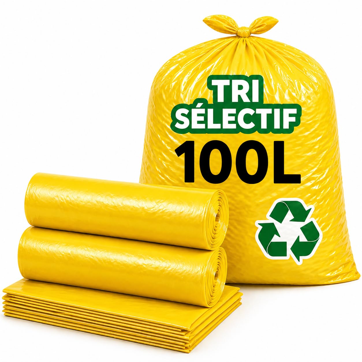 Bolsa de basura amarilla 100 l | 50 bolsas de basura de 100 litros (2 rollos de 25 bolsas amarillas) | Muy resistente (30 µ) e impermeable | Residuos no alimentarios | Cierre de enlace para atar |