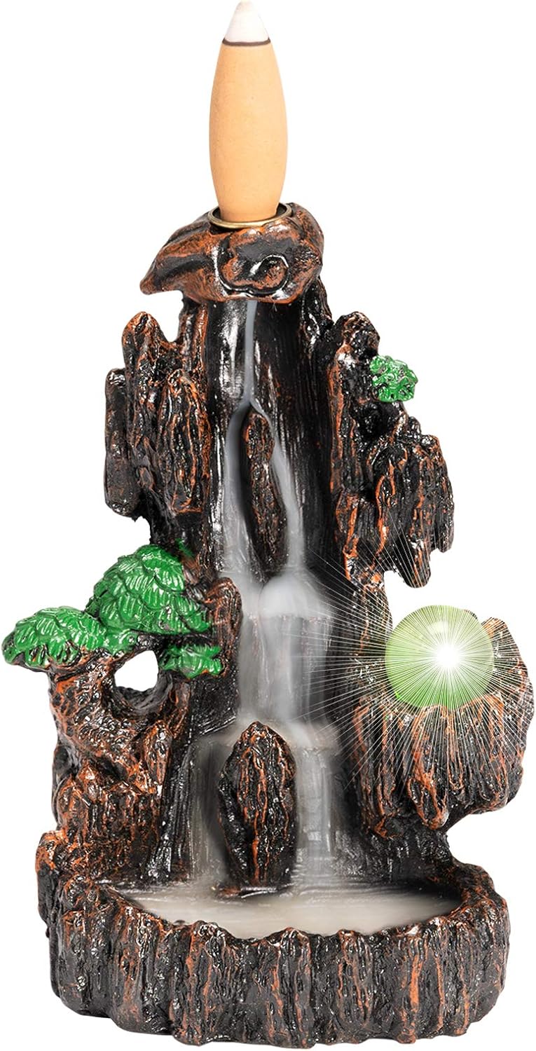 Trippy Incense Burner with Marble & LED Bulb, Incense Waterfall, Mountain River Backflow Incense Holder by DAILYLIFE, 120 Upgraded Backflow Incense Cones + 30 Incense Sticks + 1 Cushion + 1 Tweezers