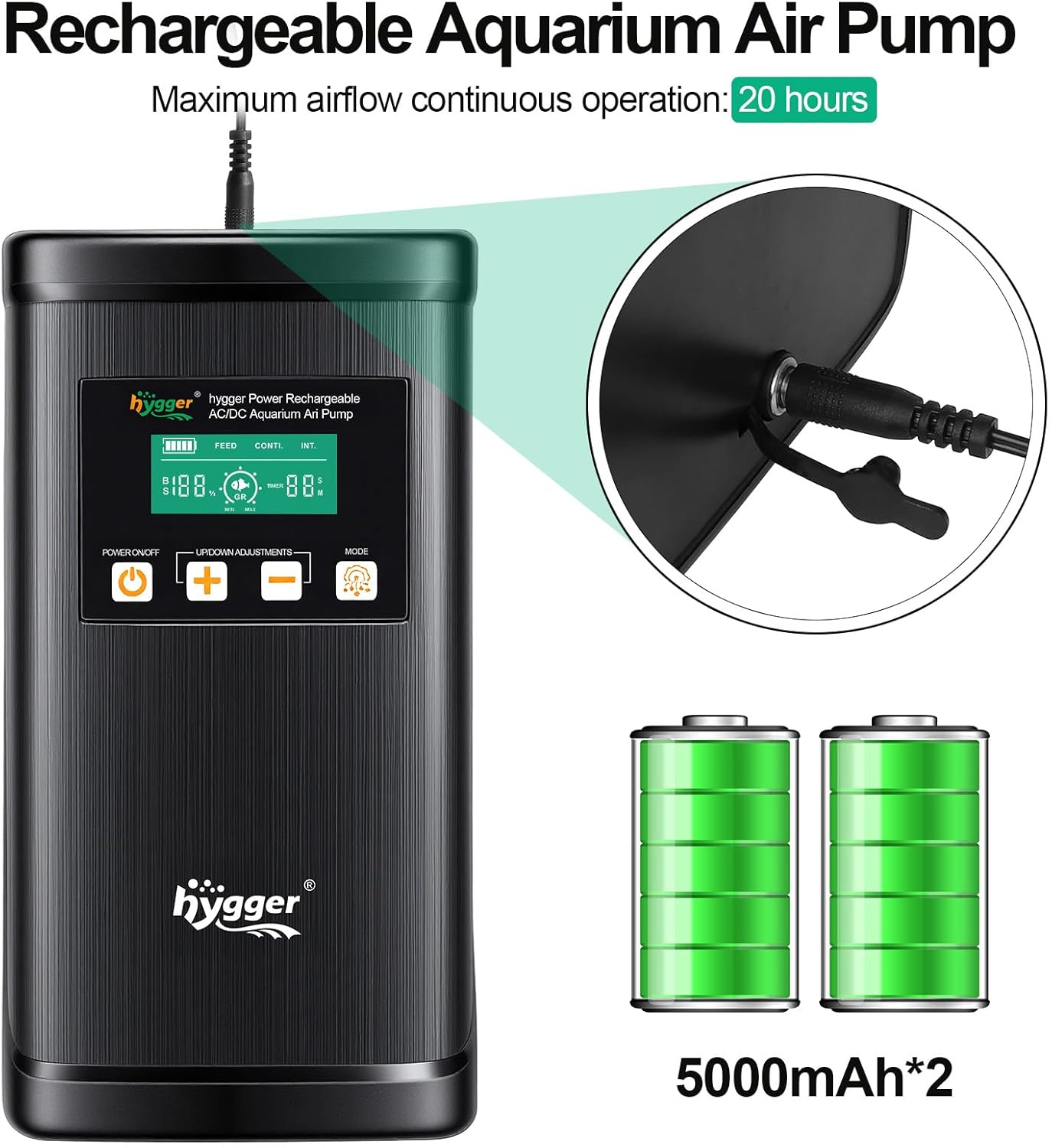 hygger Battery Backup Aquarium Air Pump, USB Rechargeable Dual-Outlet Fish Tank Oxygen Pump, Quiet Portable Aerator for Outdoor Aquarium (up to 120 Gal) & Fishing, Emergency Power Outage