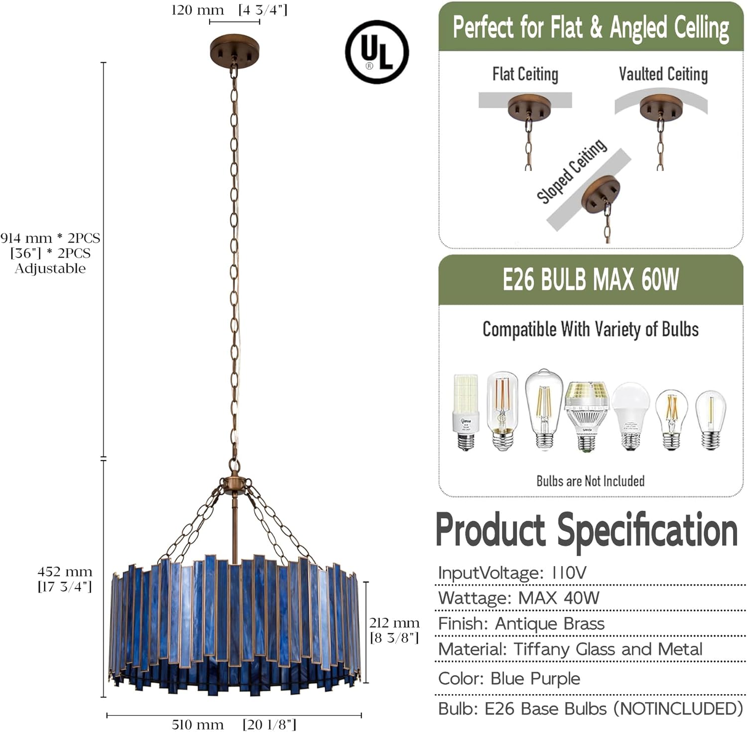 Antique Brass Drum Chandelier 6-Light Modern Tiffany Pendant Lighting Fixture with Stained Blue Glass Shade 20” Round Ceiling Hanging Lamp Bedroom Dining Living Room Kitchen Entry