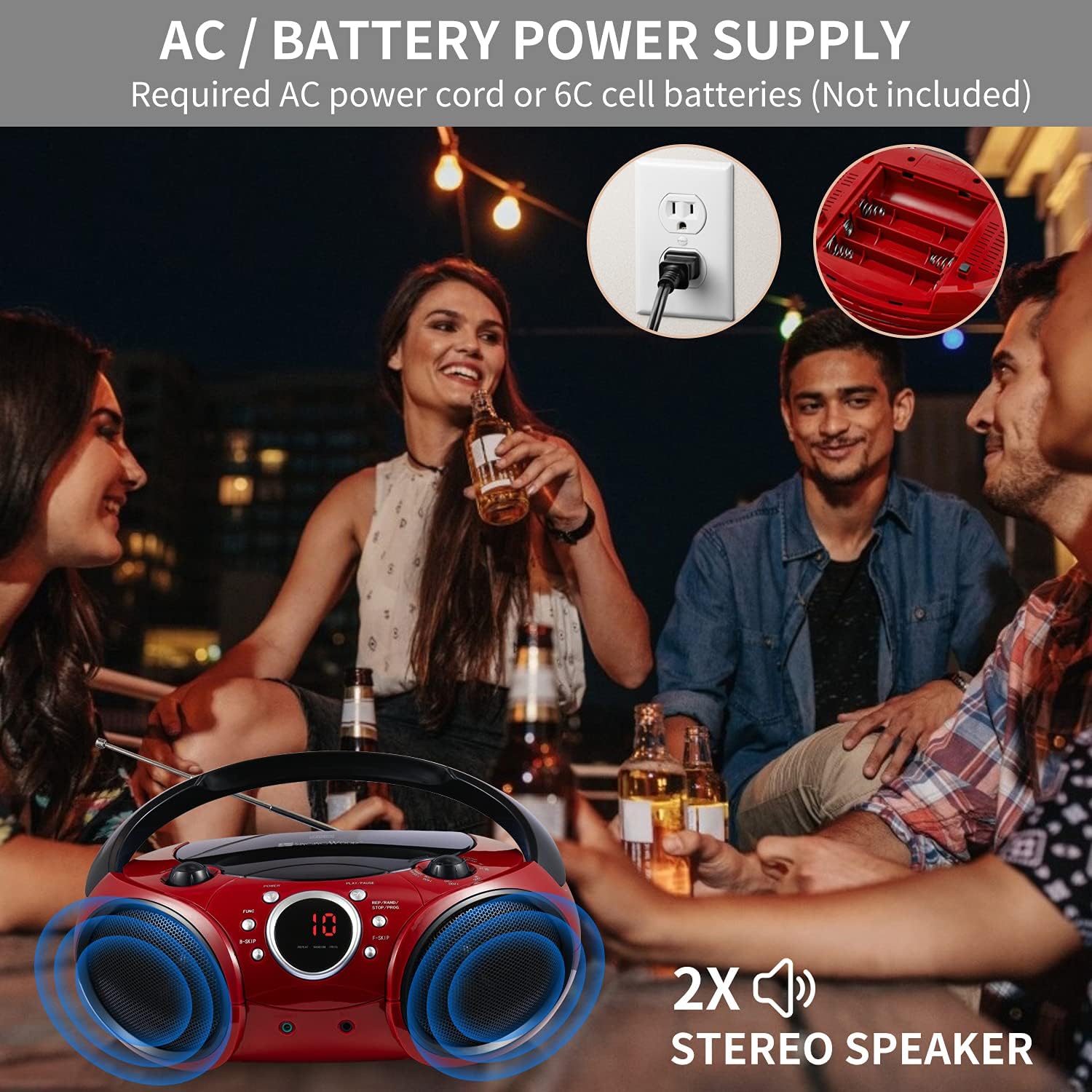 Black Friday - 70% OFF SINGING WOOD 030B Portable CD Player Boombox with Bluetooth for Home AM FM Stereo Radio, Aux Line in, Headphone Jack, Supported AC or Battery Powered (Firemist Red)