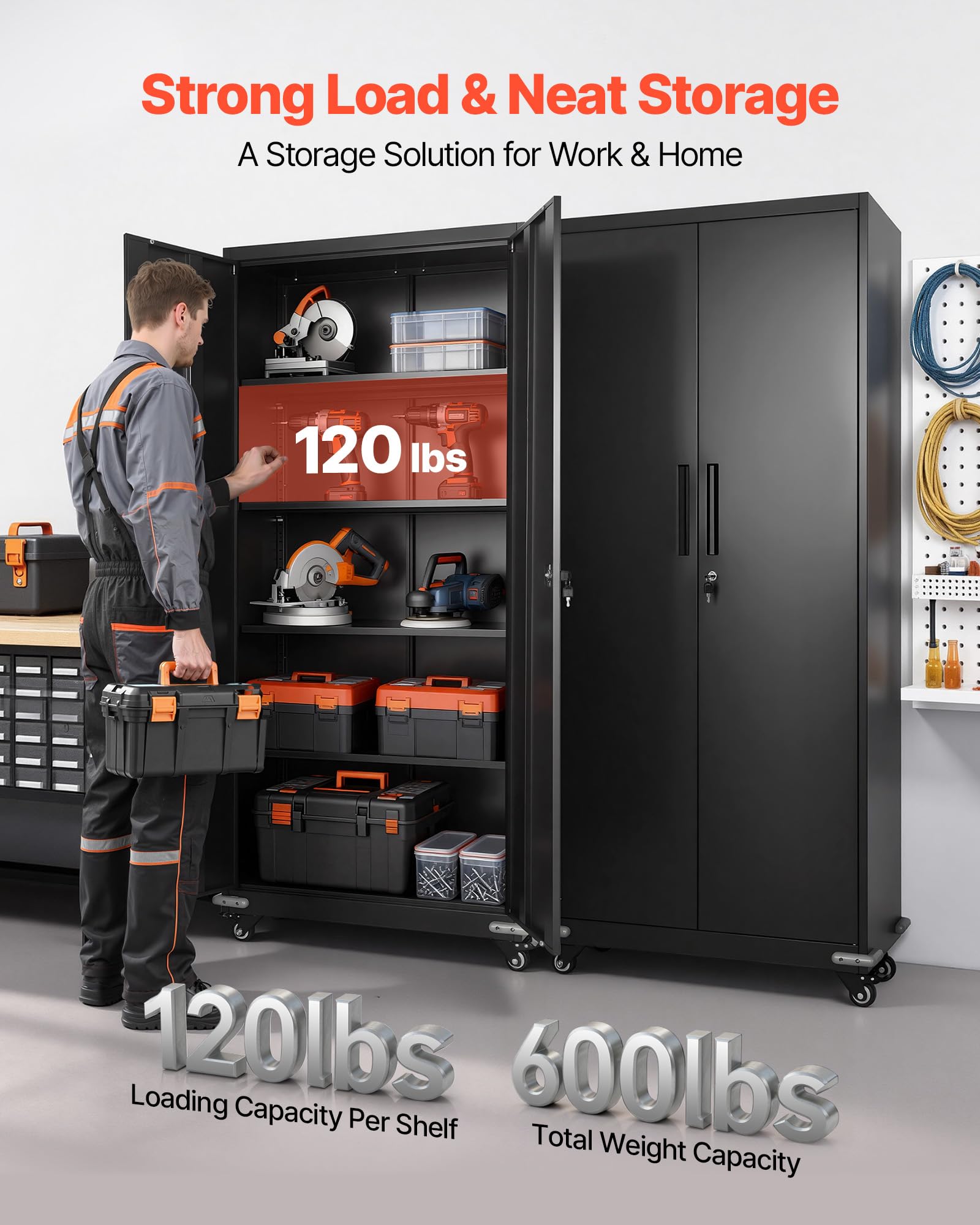 VEVOR Armoire Métallique 184,5 cm 5 Niveaux, Meuble de Rangement en Acier Verrouillable, pour Outils Atelier Bureau, sur roulettes, avec 4 Étagères Réglables, 2 Portes Magnétiques et 2 Clés, Noir