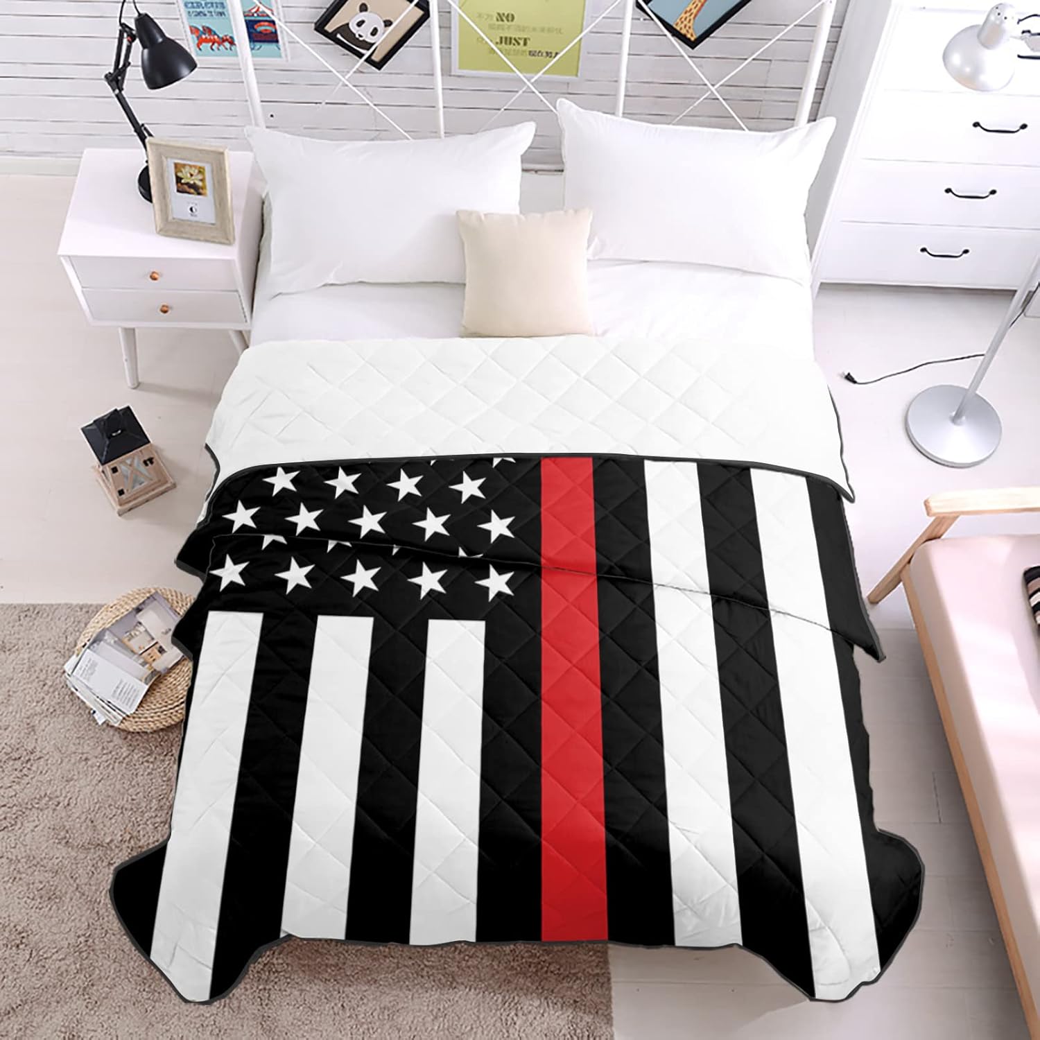 Quilt California King Luxury Quilted Comforter Bedspread-Thin Soft Cozy, Thin Red Line Flags American Firefighter Red Stripes Flag Reversible Stitched Summer Lightweight Quilt Coverlet for All Season