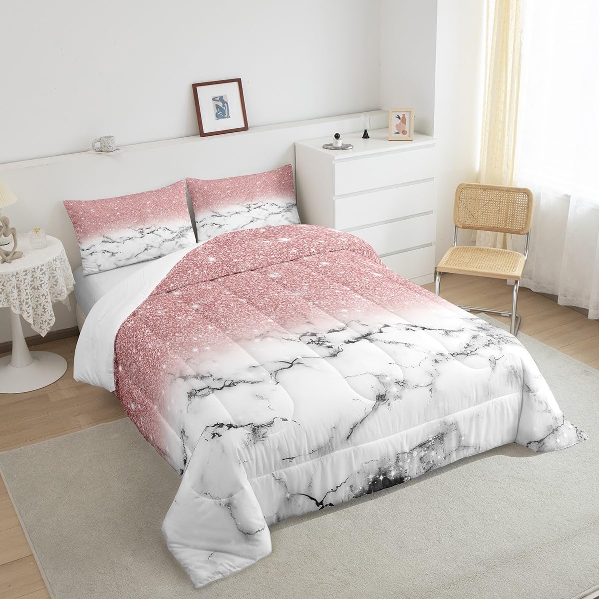 Feelyou Girls Marble Comforter Full Size Gradient Glitter Kids Down Comforter Set for Boys Girls Women Girly Pink Grey White Marble Ombre Bedding Set Modern Marble Aesthetic Quilt Decor Boys