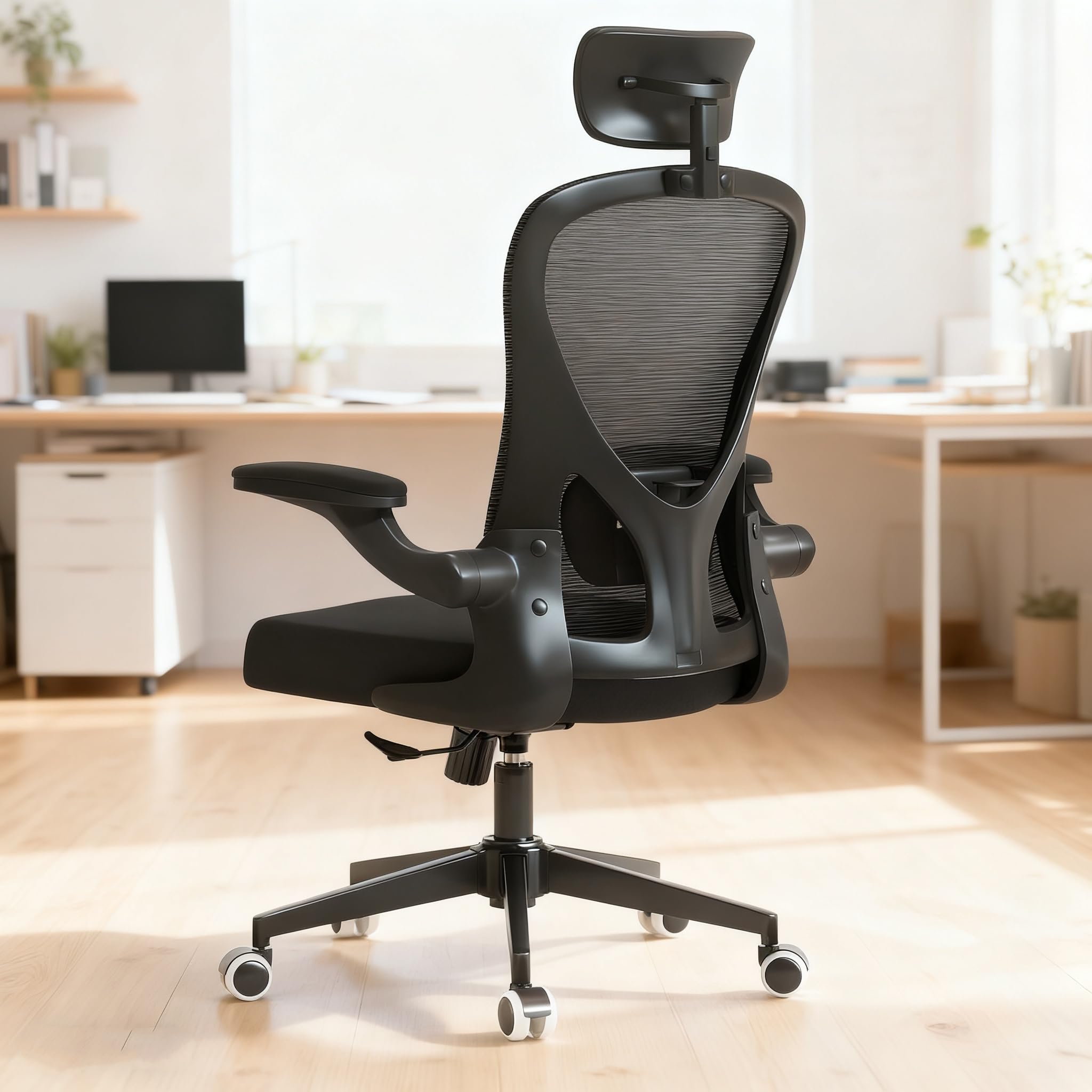 Office Chair with Adjustable Lumbar Support Flip-Up Armrests -Ergonomic High Back Computer Desk Chair with Thickened Seat Cushion
