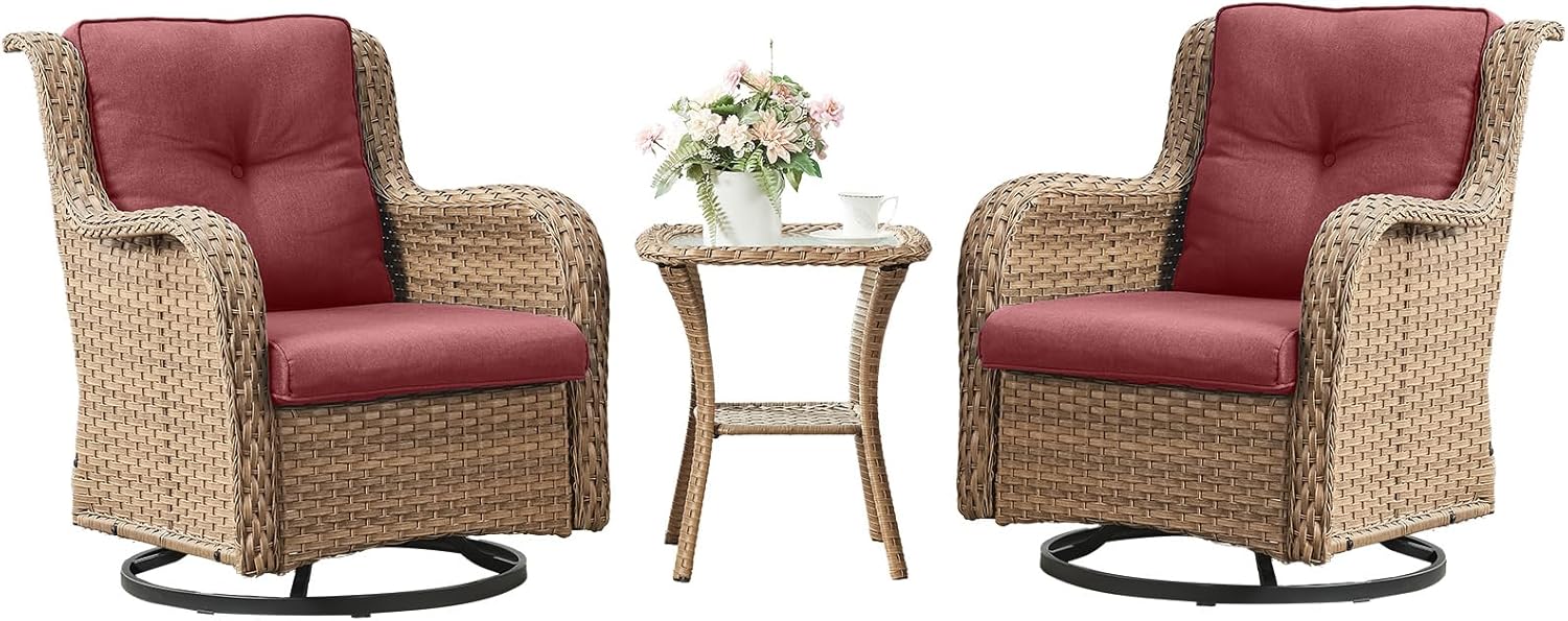 Outdoor Swivel Rocker Bistro Set - 3 Piece Patio Furniture Set Swivel Glider Chairs with Side Table for Porch Deck Balcony - Yellow Wicker Red Cushion
