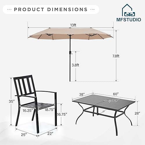 Miniatura 9 de MFSTUDIO Juego de comedor de patio para 6, juego de muebles de patio con sombrilla (beige), 6 sillas de listones de acero, 1 mesa rectangular grande