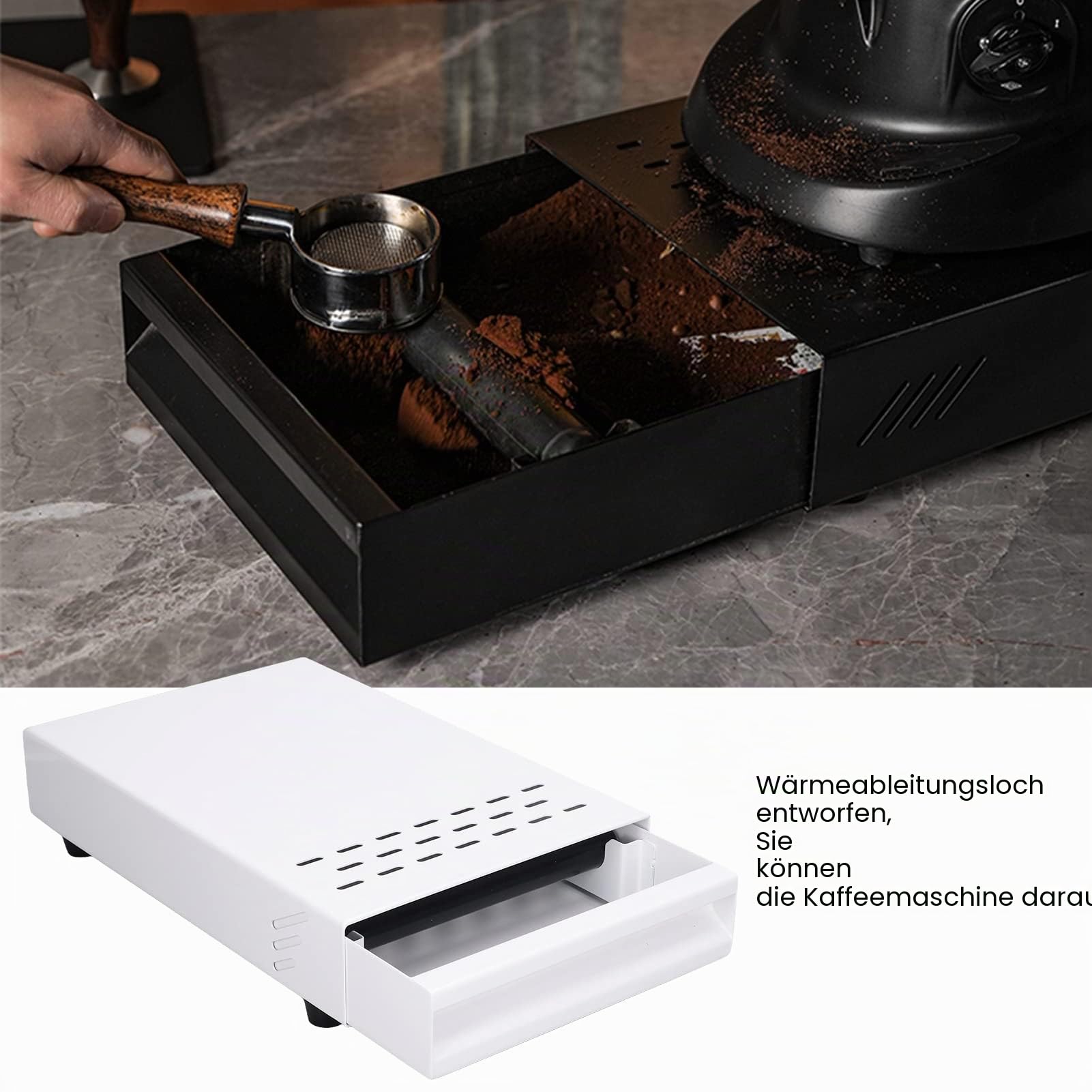 Wakects Kaffee-Klopf-Box-Behälter, Edelstahl-Gummi-Kaffeemehl-Klopf-Box-Rest-Pulver-Eimer-Schublade Verdickter Espresso-Satz-Behälter für Home Cafe Shop 7,1 X 11 X 2 Zoll(Weiß)