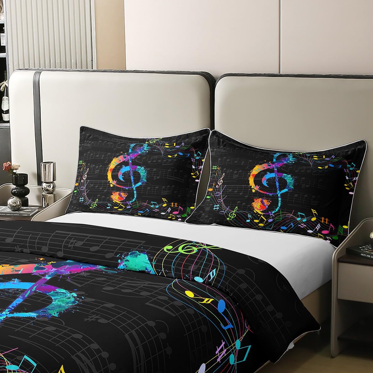 Loussiesd - Set di biancheria da letto per ragazzi e bambini, con motivo musicale, resistente alle macchie, set di biancheria da letto matrimoniale, 3 pezzi