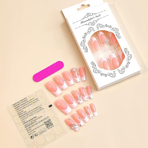 Miniatura 4 de Uñas postizas a presión de punta francesa, uñas postizas largas cuadradas con pegamento brillante, uñas acrílicas a presión, uñas postizas rosa nude