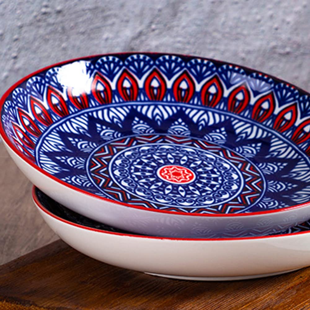 fanquare Lot de 4 Assiettes à Salade en Porcelaine - 20 cm Ensemble d'Assiettes en Céramique Boho Floral, Assiette d'Appoint pour Salade, Pâtes, Dessert, Fruits, Gâteau, Apéritif