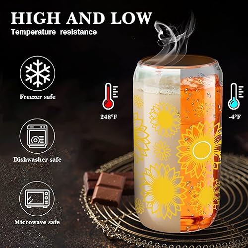 Miniatura 2 de Zubebe Vaso de vidrio de girasol con tapas y pajitas de bambú de 16 onzas, vasos de café helado de girasol, lata de cerveza con margaritas, regalos