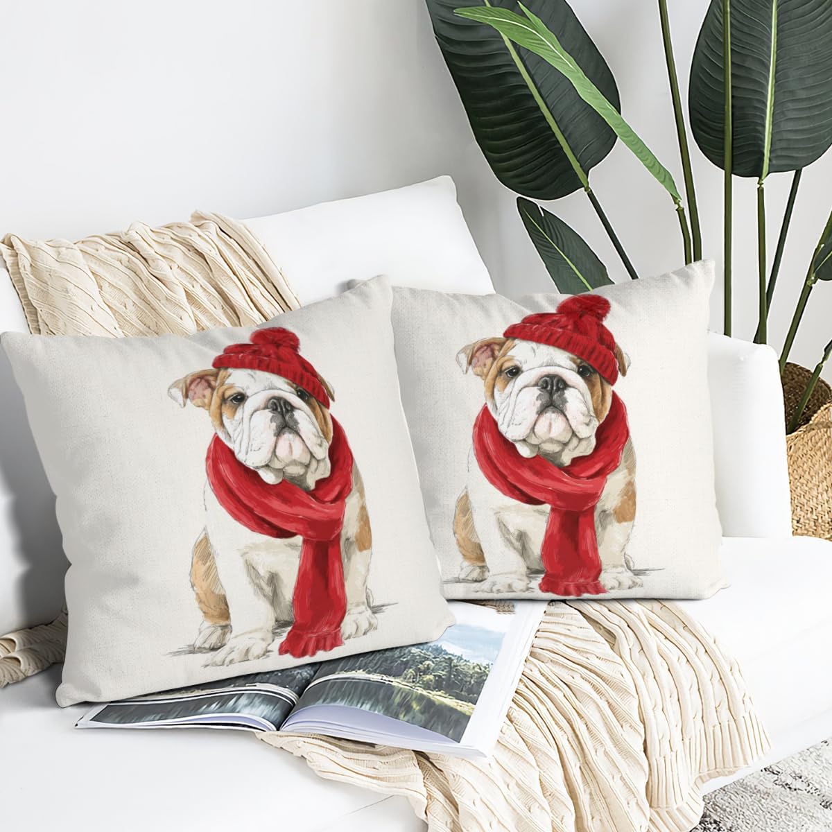 Spring Throw Pillow Covers Set of 2 Bulldog with Red Scarf Decorative Square Cushion Covers for Home Sofa Bed Couch 28x28 Inch