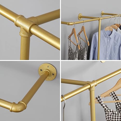 Vista 6 de Perchero industrial de tubería, resistente montado en la pared, barra de ropa de hierro negro, estante de exhibición minorista, organizador de ropa