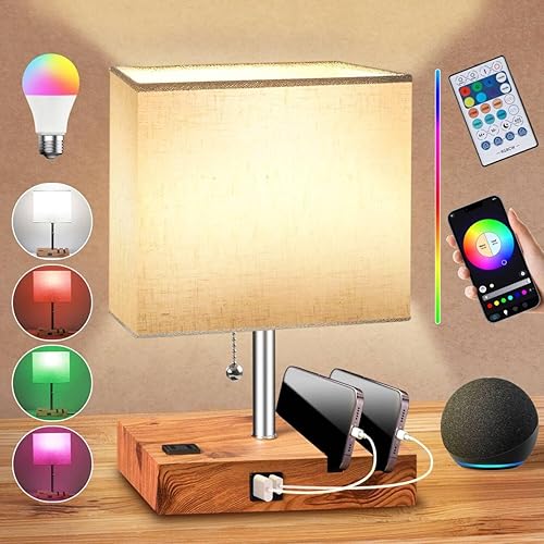 Lámpara de mesa inteligente RGB regulable compatible con Alexa, aplicación y control remoto, lámpara de escritorio de noche con puertos de carga,