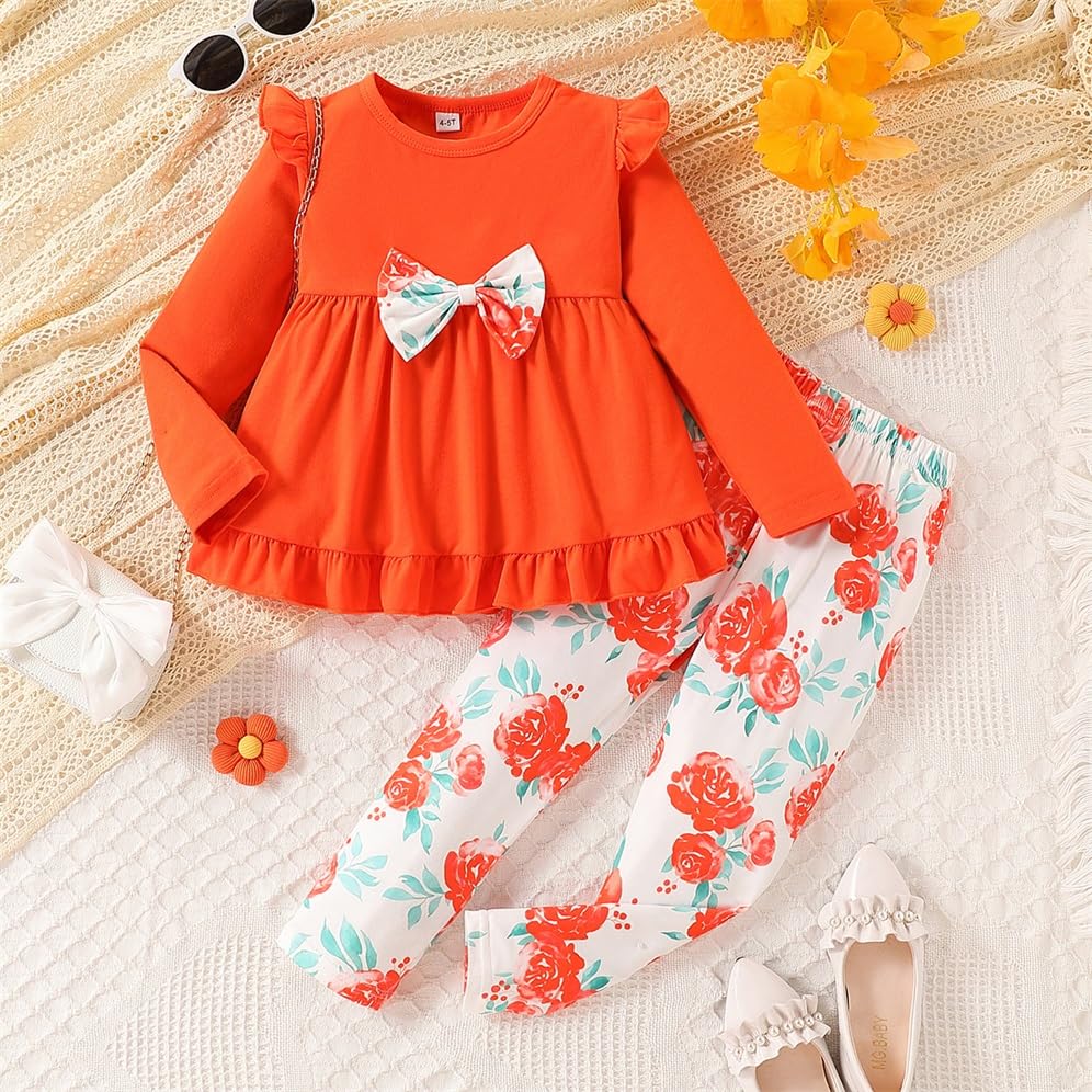 Image of Axumity Kid Girl Clothes Ruffle Sleeve Top Floral Allover Pants 3-9 Years Fall Outfit Set