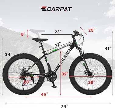Fat Tire Mountain Bike of Mens and Women, 4 Inch Fat Tires, High Carbon Steel Frame, Disc Brakes, City Commuter Cycling