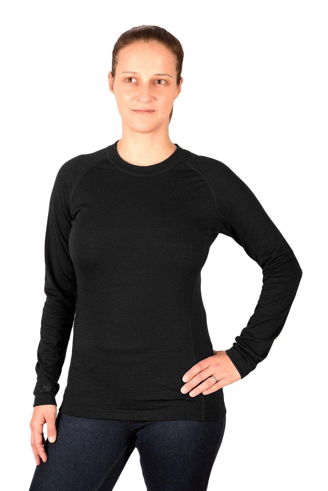 Damen T-Shirt 100% Feine Merino Wolle Langarm Funktionsshirt Skiunterwäsche Rundhals Schwarz