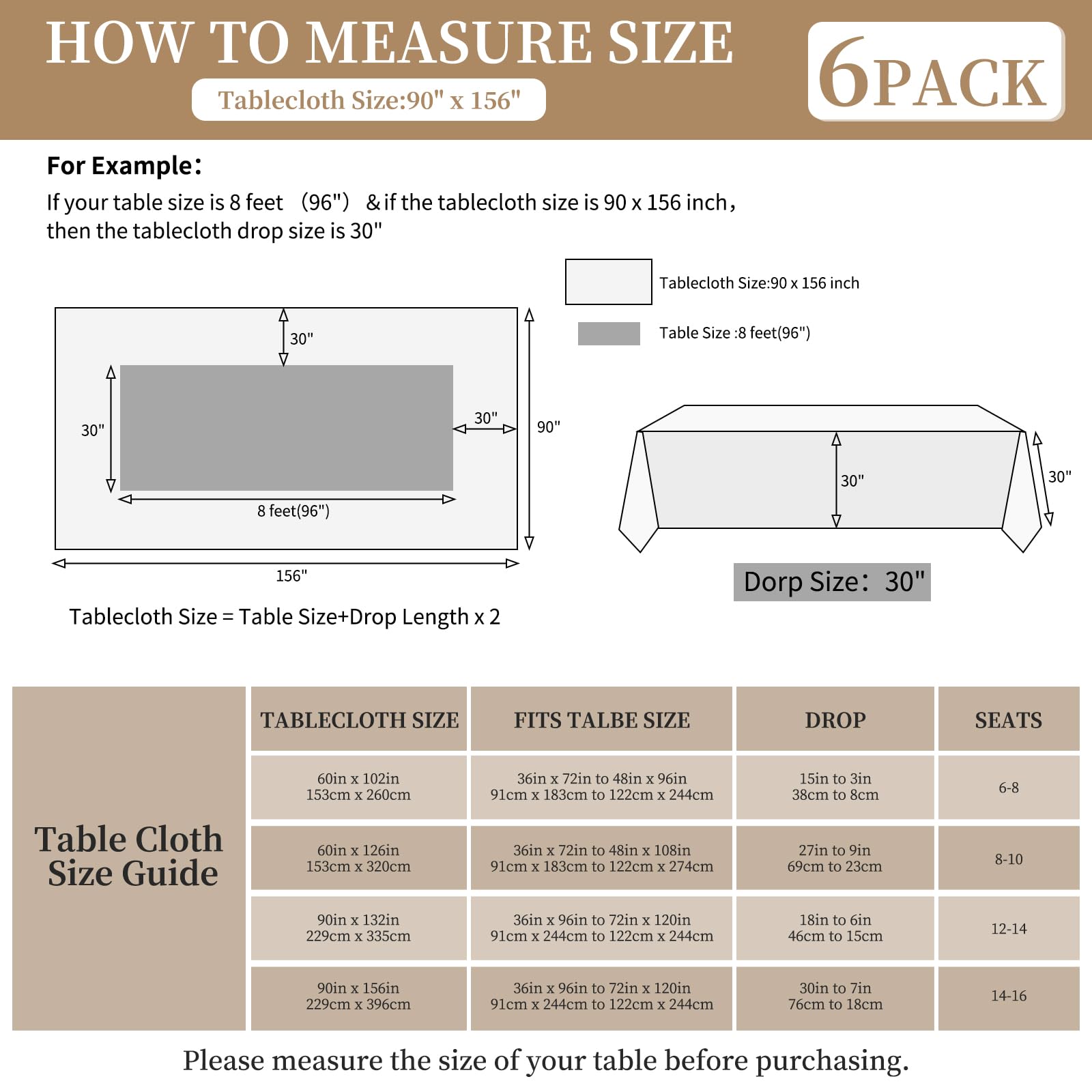Paquete de 6 manteles rectangulares de 90 x 156 pulgadas, mantel de poliéster negro para mesas de 8 pies, tela lavable, resistente a las manchas y a las arrugas, para bodas, fiestas, banquetes, cocina