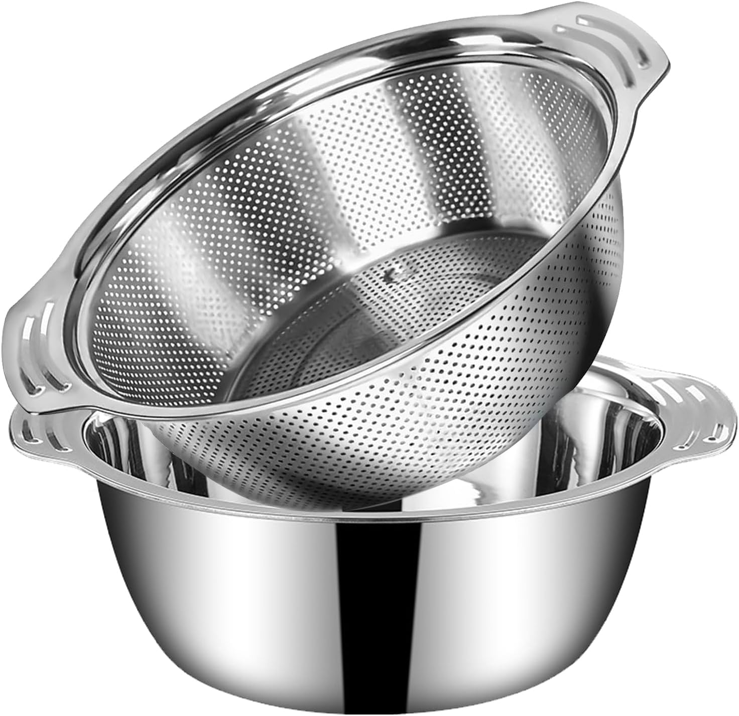 Stainless Steel Colander and Mixing Bowl Set, 2.5 L, 2-Piece Kitchen Strainer with Microporous Design for Rice, Pasta, Fruits