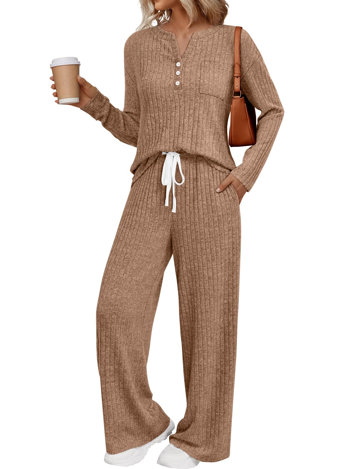 Photo 1 of LILLUSORY Womens 2 Piece Lounge Sets Matching Airport Travel Outfits 2026 Spring Clothing Fall Pajamas Sweat Suits Pockets Khaki XS