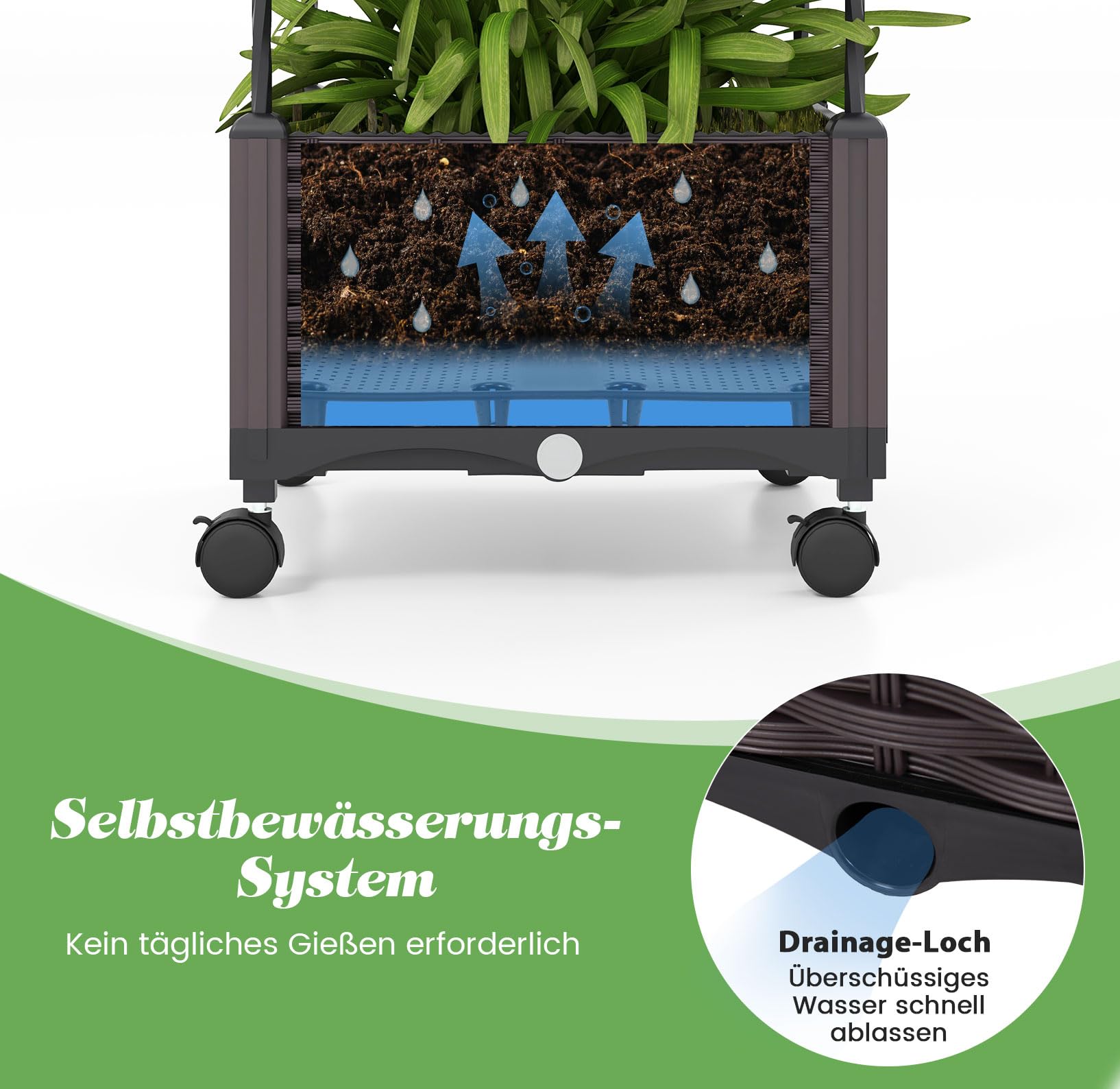 GOPLUS Rankhilfe mit Blumenkasten, Tomatentopf mit Spalier, Pflanzenturm mit 4 Verstellbarer Höhe & Wasserspeicher, Tomatenturm aus Metall & PP, Tomatenkäfig Pflanzkasten mit Rollen, 40 x 40 x 170 cm