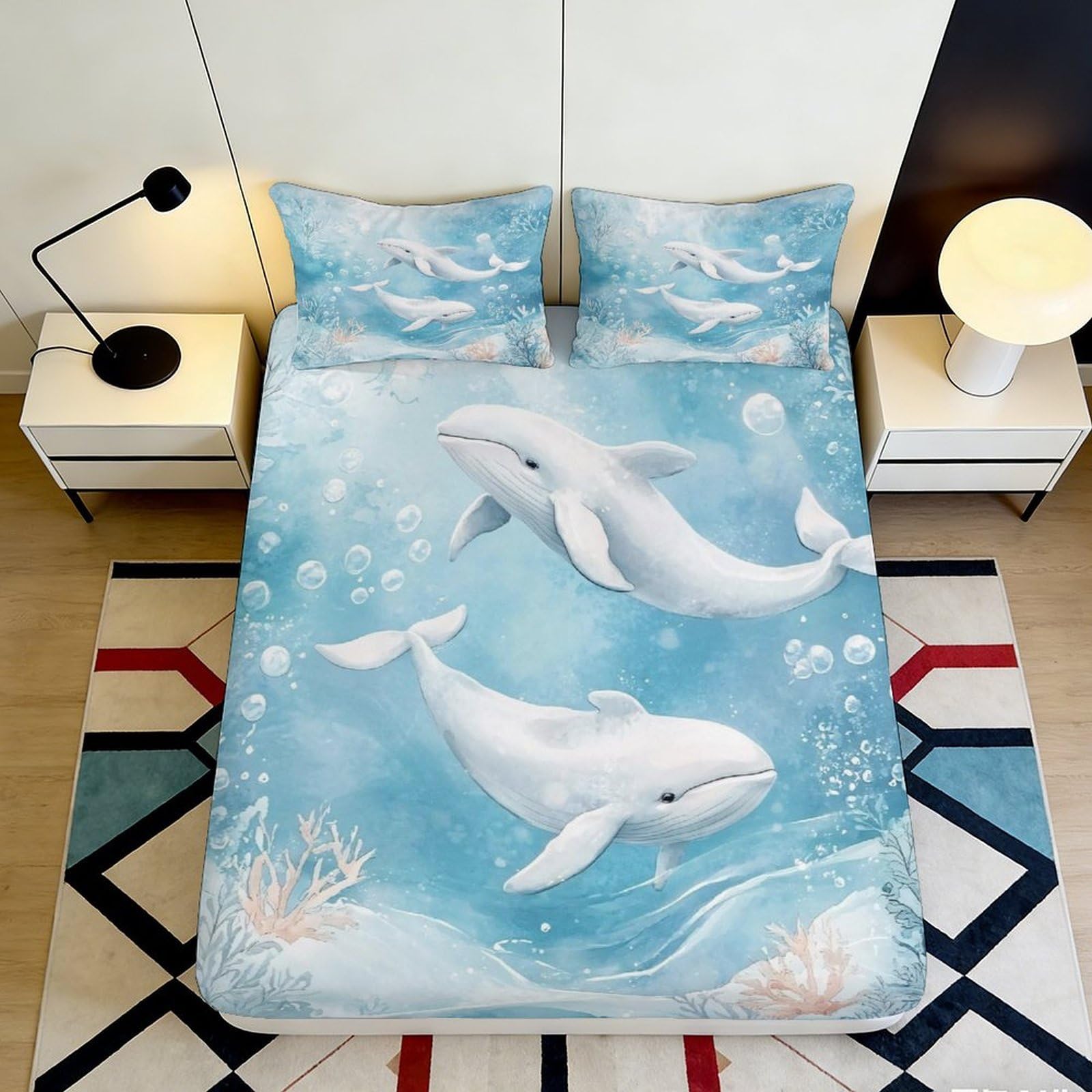 Jqzkxnhpbr Style-2 3D Printed Ocean Whale Fitted Sheet Microfiber Soft Blue Cartoon Sea Mattress Cover For Bedroom Dorm Mattress Protection 90X200x25cm