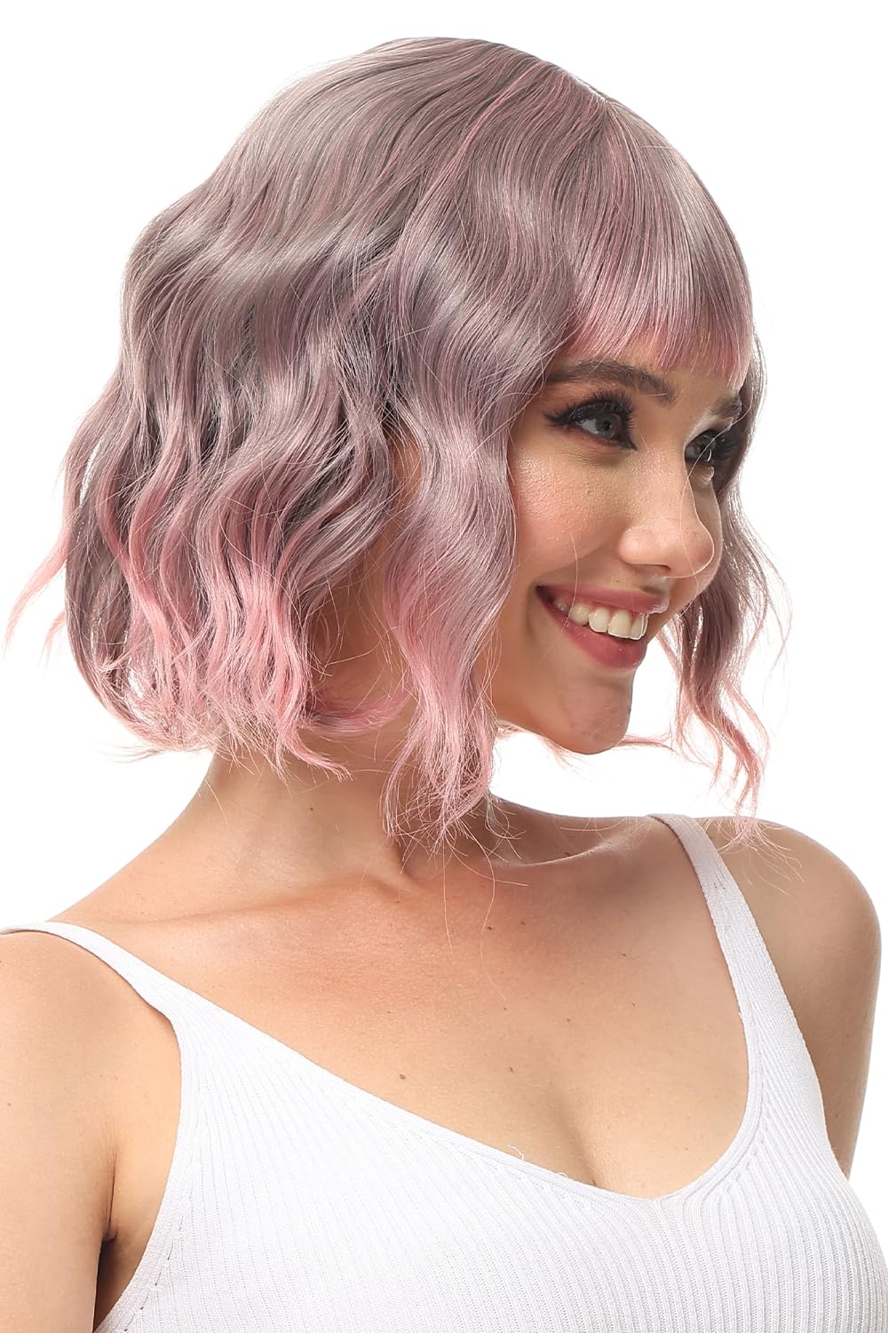 Ombre Wigs Pink Short Curly Wavy Bob Wigs with Bangs, Fake Hair, Cosplay Wig for Women