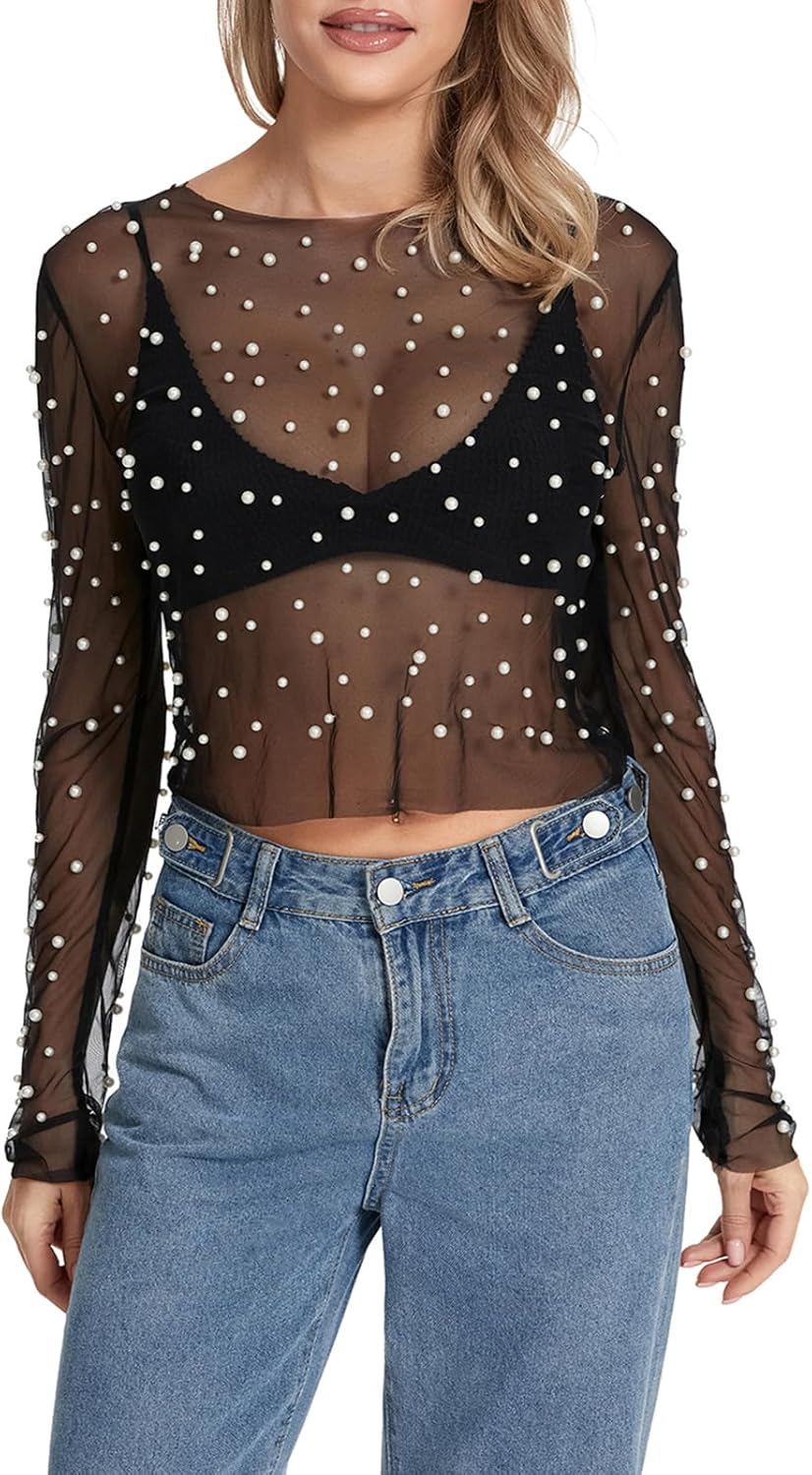 Women Long Sleeve Mesh T-Shirt Sexy See-Through Pearls Slim Fit Ladies Tops Bodycon Party Tops for Club Party