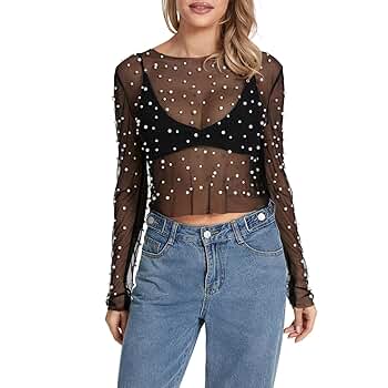 Women's Sheer Pearl T-Shirt - Long Sleeve Crew Neck Slim Fit