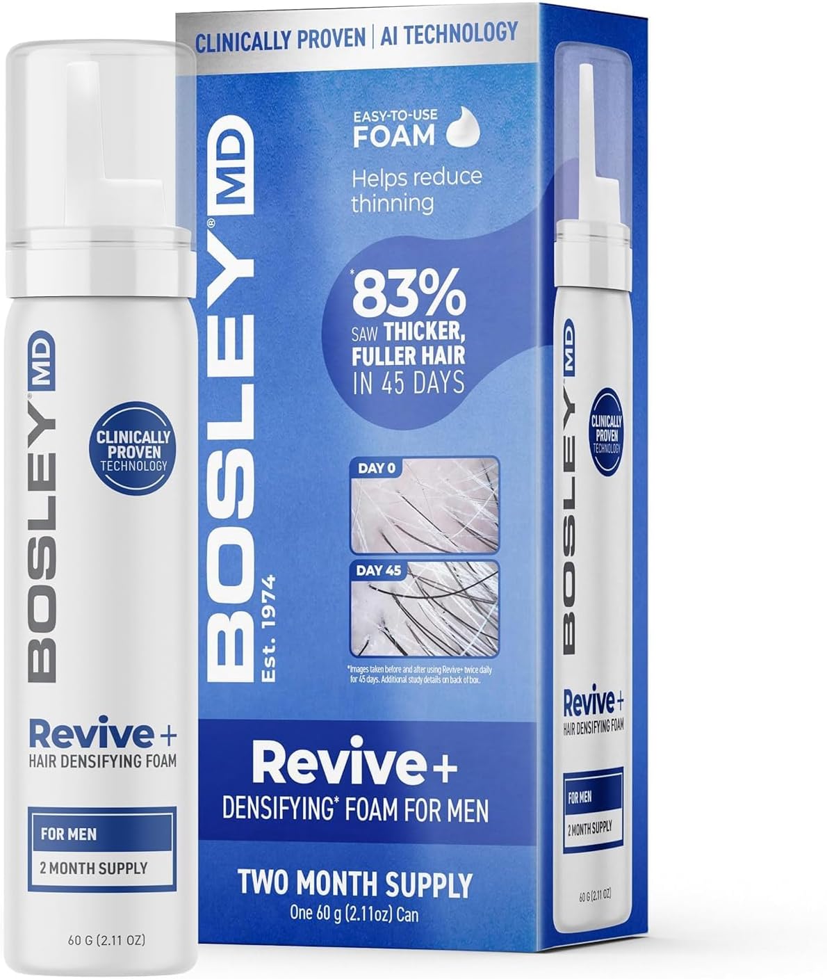 BosleyMD Men's Revive+ Densifying Treatment Foam – Drug Free Hair Growth Support & Thickening – AI Powered Y100 Technology with Biotin & Saw Palmetto – Results in 45 Days – 2 Month Supply / 2.11 Oz