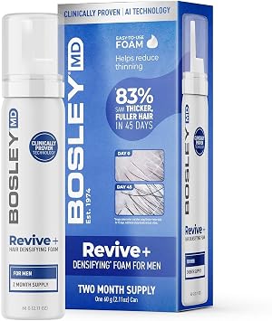 BosleyMD Men's Revive+ Densifying Treatment Foam   Drug Free Hair Growth Support & Thickening   AI Powered Y100 Technology with Biotin & Saw Palmetto   Results in 45 Days   2 Month Supply / 2.11 Oz