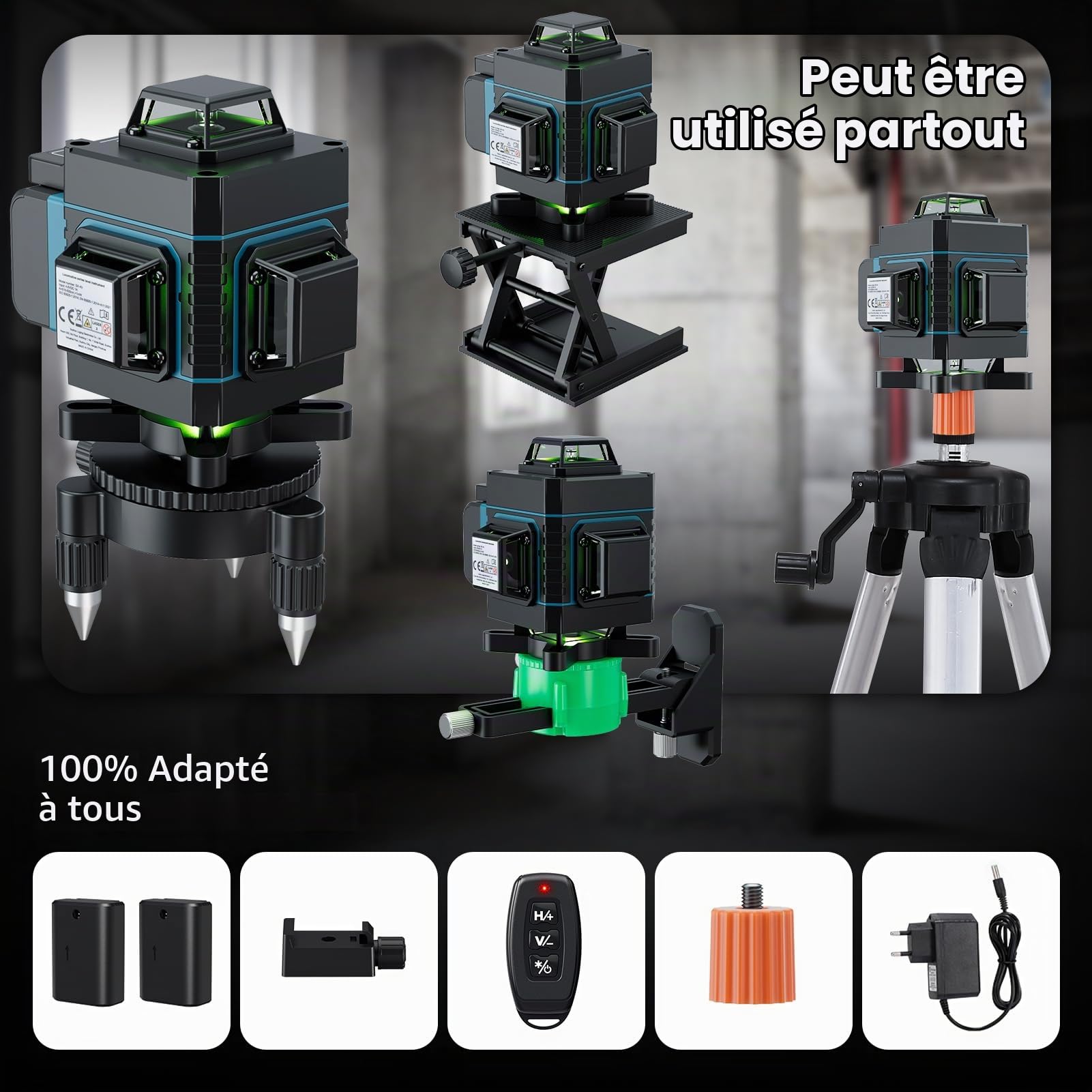 Niveau laser 360, Weytoll 4D 16 lignes Niveau laser 3° Outil de mise à niveau avec fonction de nivellement automatique avec trépied réglable en hauteur de 1,2 m