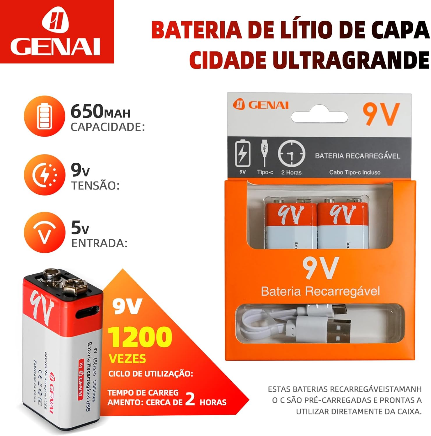 Bateria 9v Bateria 9v Recarregável 9 Volts 650mah Original Kit 2 Bateria 3 71PAhKnE4bL. AC SL1500