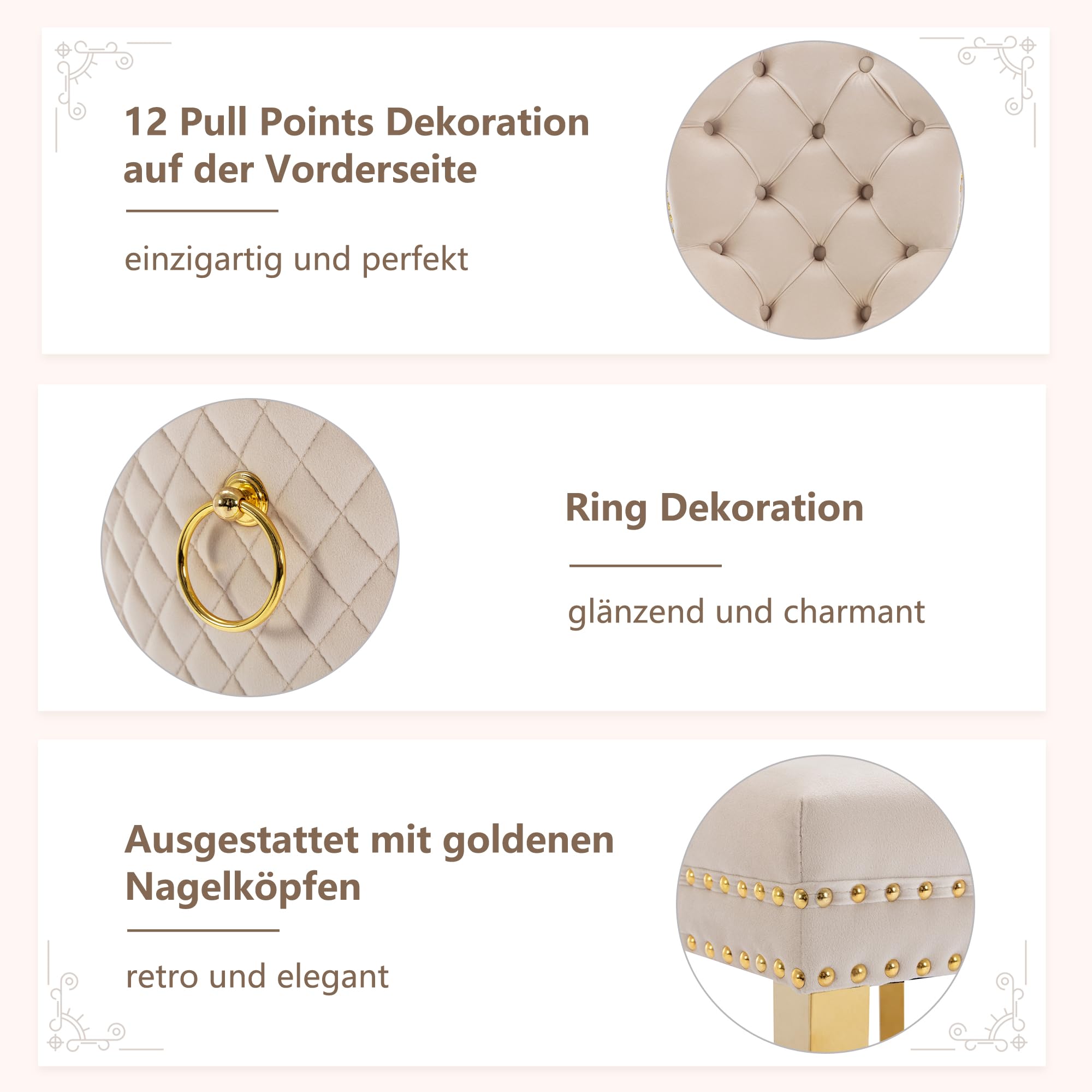 Esszimmerstuhl Beige (Küchenstuhl Wohnzimmerstuhl mit einzigartigem Runde Zugringe auf der Rückseite, 2 STS), Polsterstuhl mit Nagelkopfbesatz,Stützbeine aus vergoldetem Edelstahl, Samt