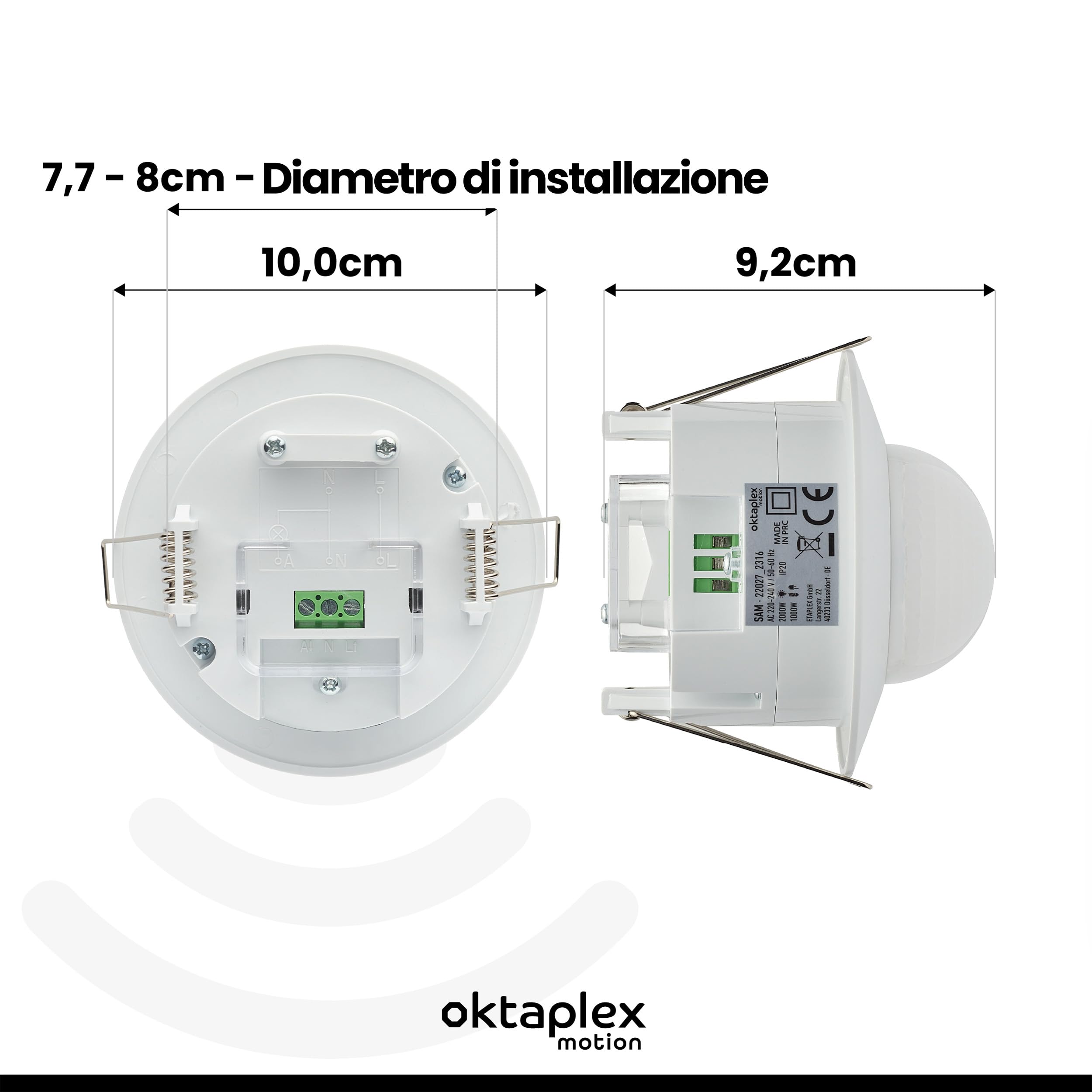 Oktaplex motion Sam - Set di 2 rilevatori di presenza da incasso a 360°, rilevatore di movimento a infrarossi, 230 V, sensore di presenza, da incasso, interno bianco