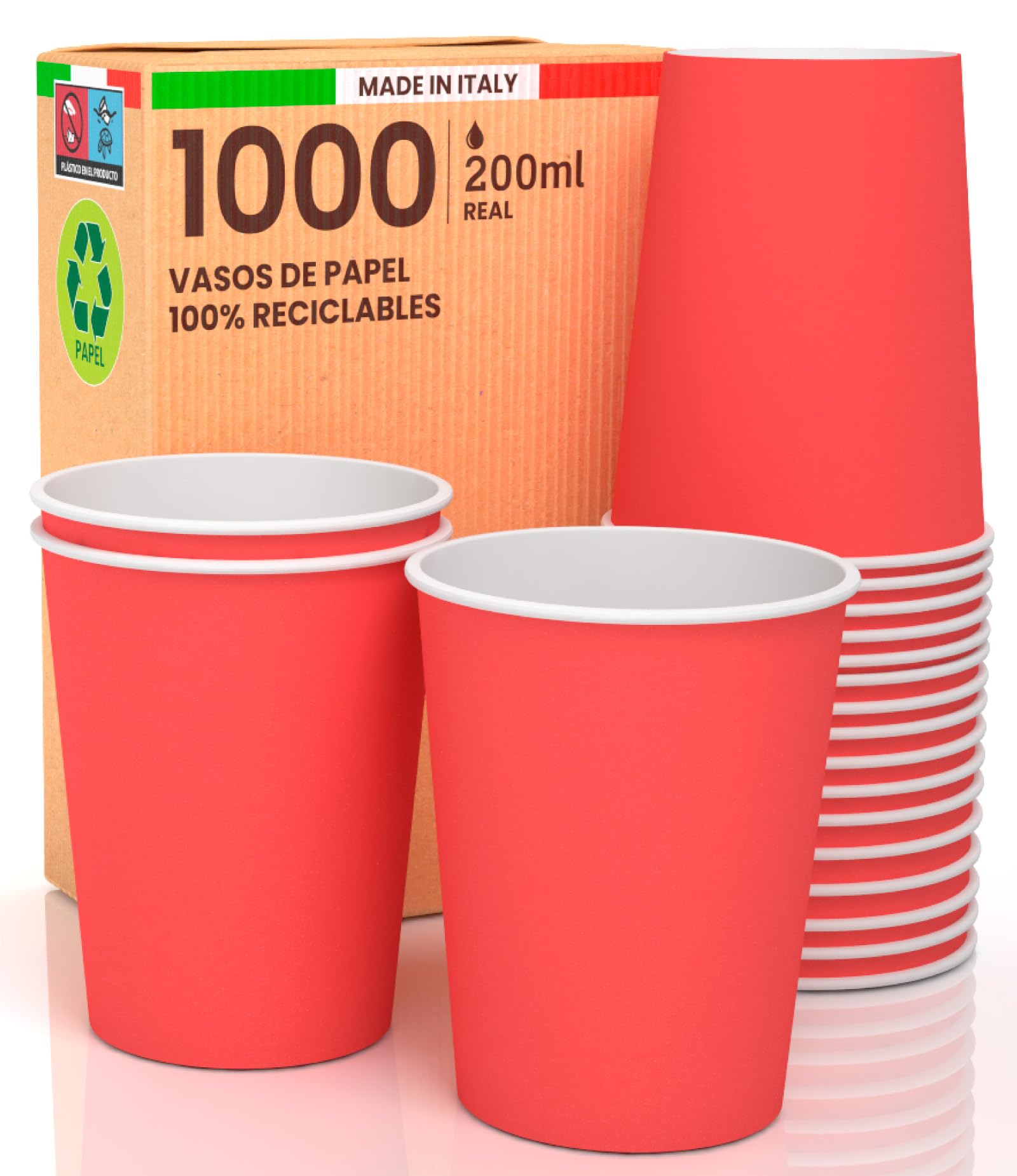 Baciato Caffè 1000 vasos de papel de 200 ml, ecológicos, biodegradables, desechables, fabricados en Italia, para llevar bebidas calientes, agua, de colores rojos, fabricados y envasados en Italia