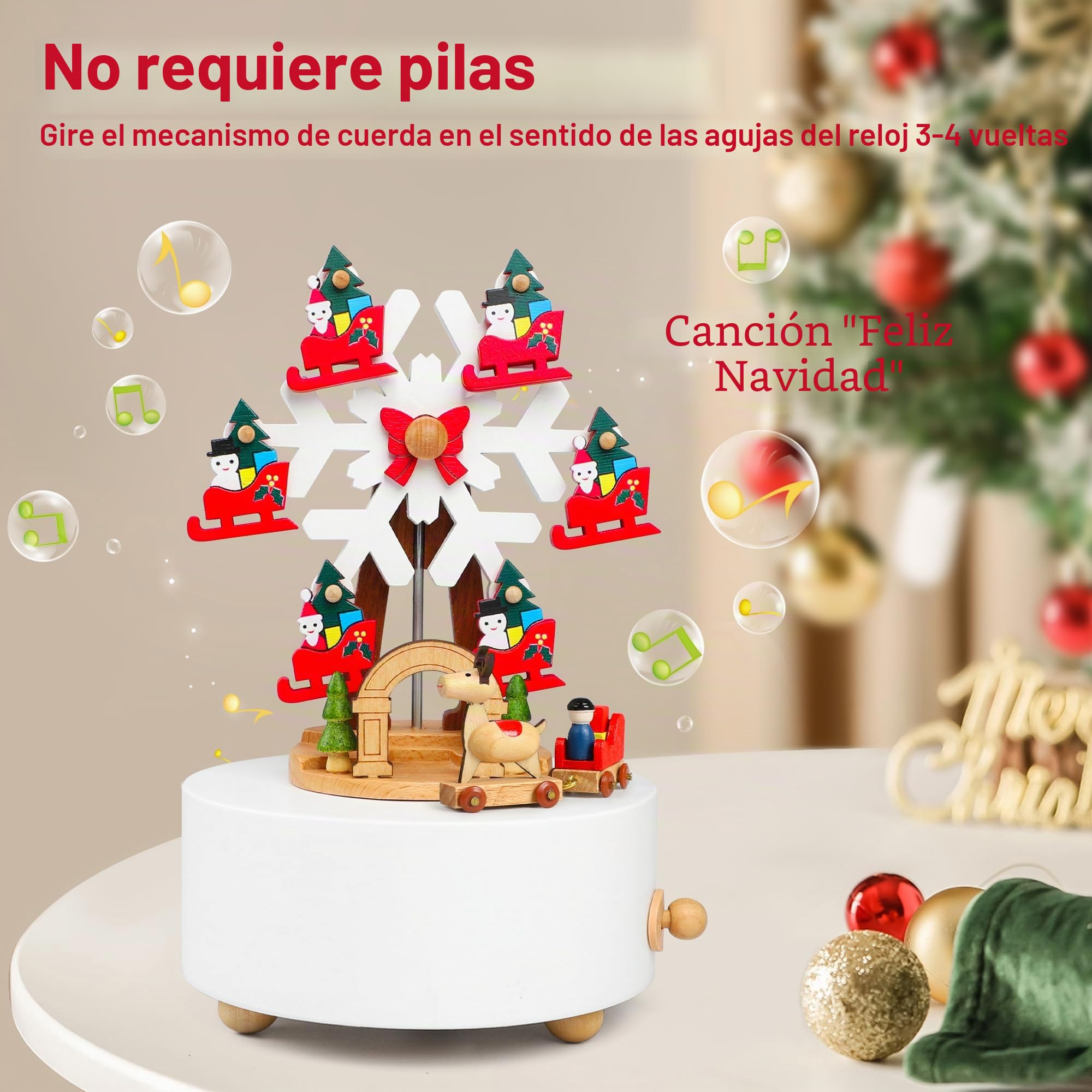 LONEEDY Caja de música de madera con diseño de copo de nieve, decoración de alce personalizado para niños y niñas, manualidades de rotación (copos de nieve de Navidad)
