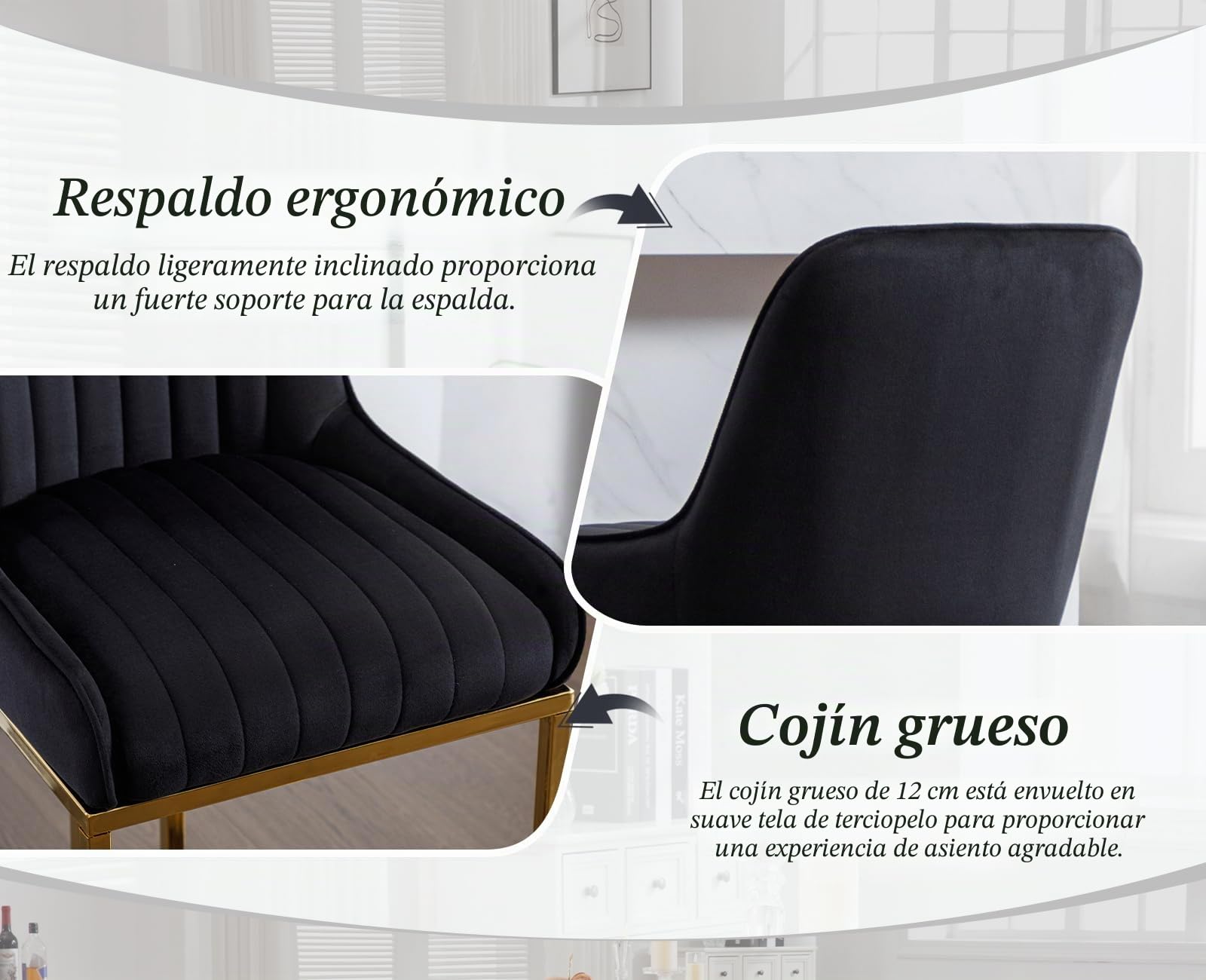 chairus 2PCS Taburetes de Bar de Terciopelo con Patas Doradas, Negro | Sillas Altas de Isla de Cocina con Respaldo Alto, Estilo Elegante