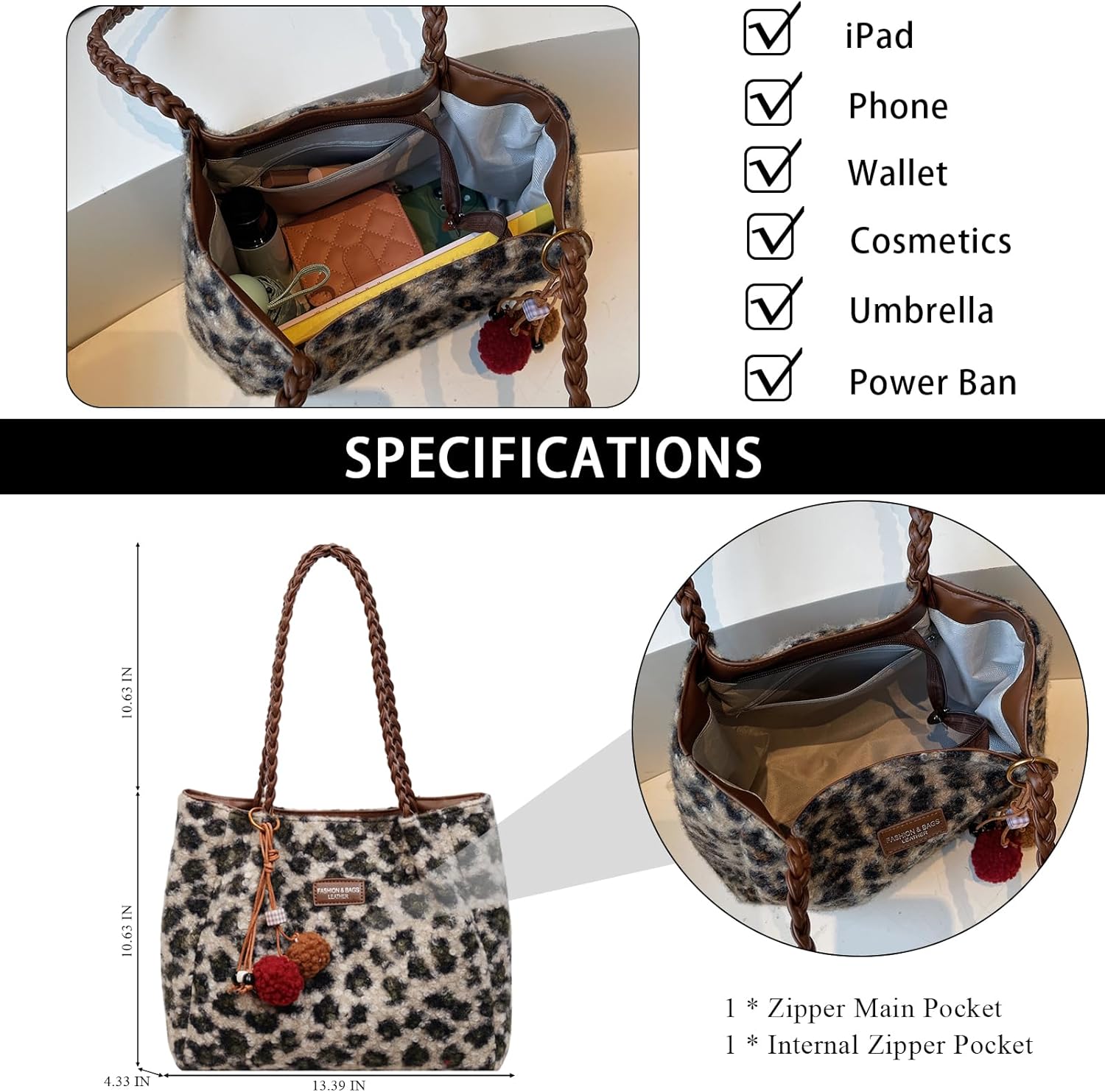 Fluffy Tote Bag Winter Leopard Print Faux Fur Purses for Women Y2K Fuzzy Handbag Furry Cheetah Purse