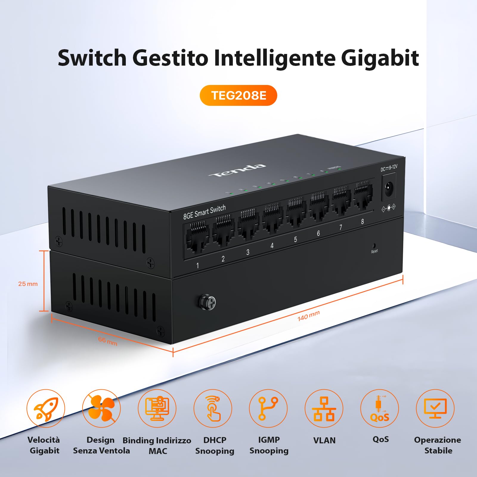 Tenda TEG208E Managed Switch 8 Port Rj45 Gigabit Switch 10/100/1000 Mbps, Smart Switch LAN distributore (IGMP-Snooping, QoS, VLAN, carcassa metallica)