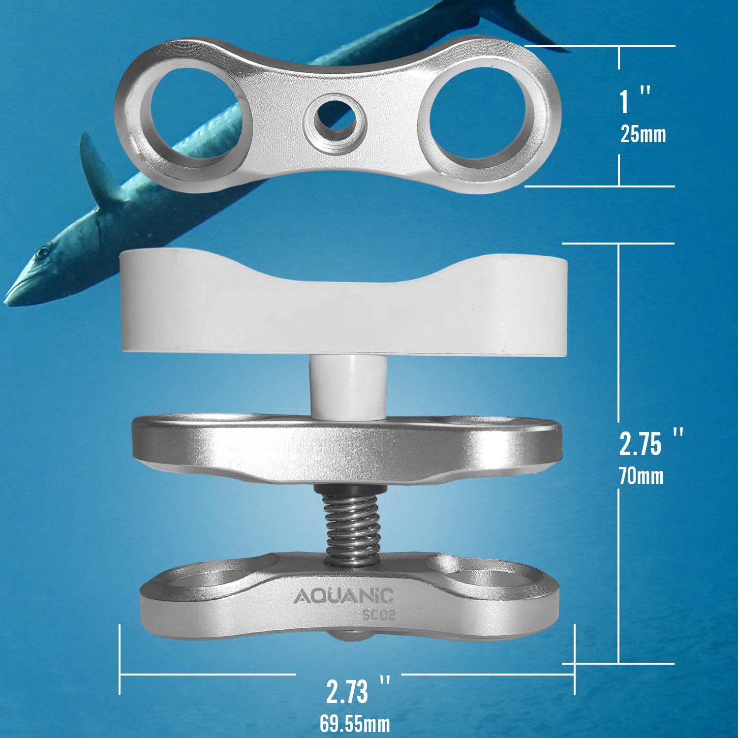 nitescuba 2 Soportes de Abrazadera de Bola estándar de 1 Pulgada, Soporte de Abrazadera de Bola Larga de 360° para Sistema de Bandeja de Brazo de luz de Buceo subacuático (SC02-W)