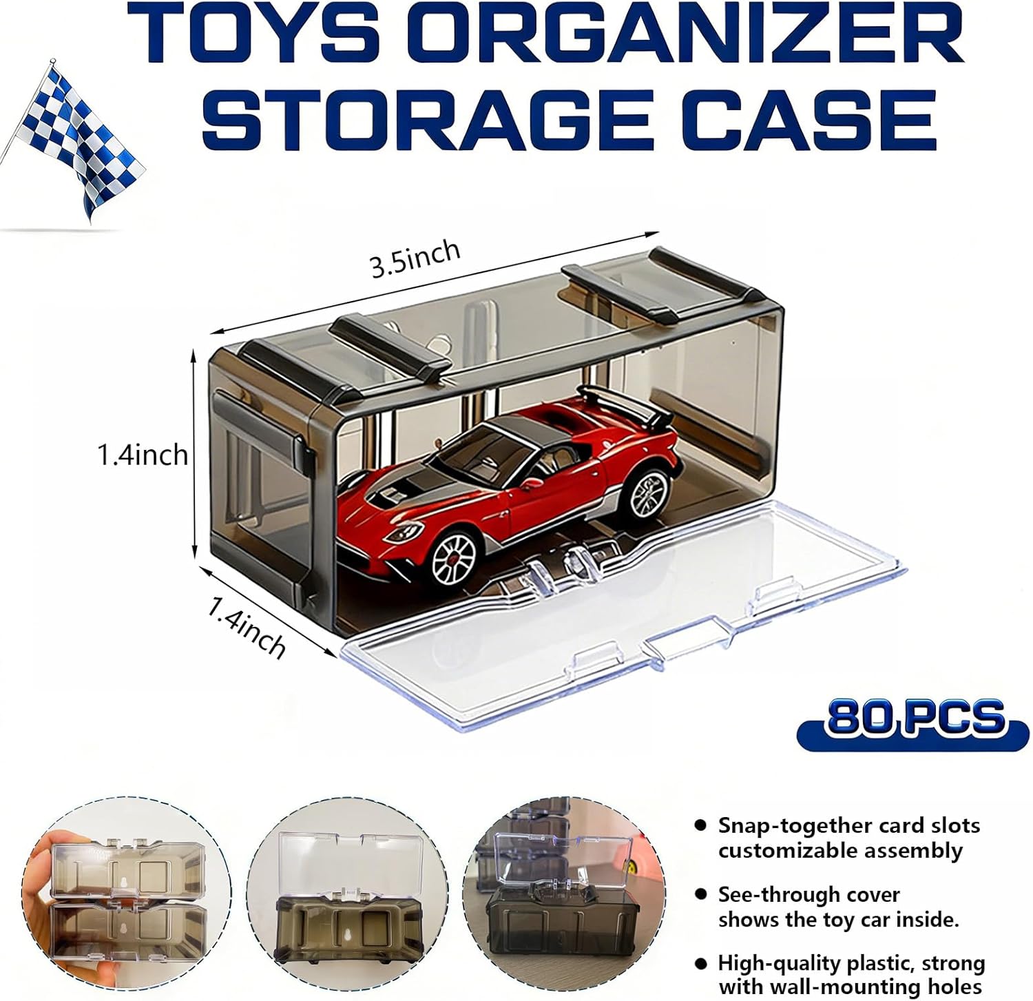 80-Pack Interlocking Toy Car Storage Case for 1/64 Scale Die-Cast Cars, Compatible with Hot Wheels & Matchbox Mini Cars, Clear Dustproof Stackable Display Organizer Box with Wall-Mount Holes (Black)