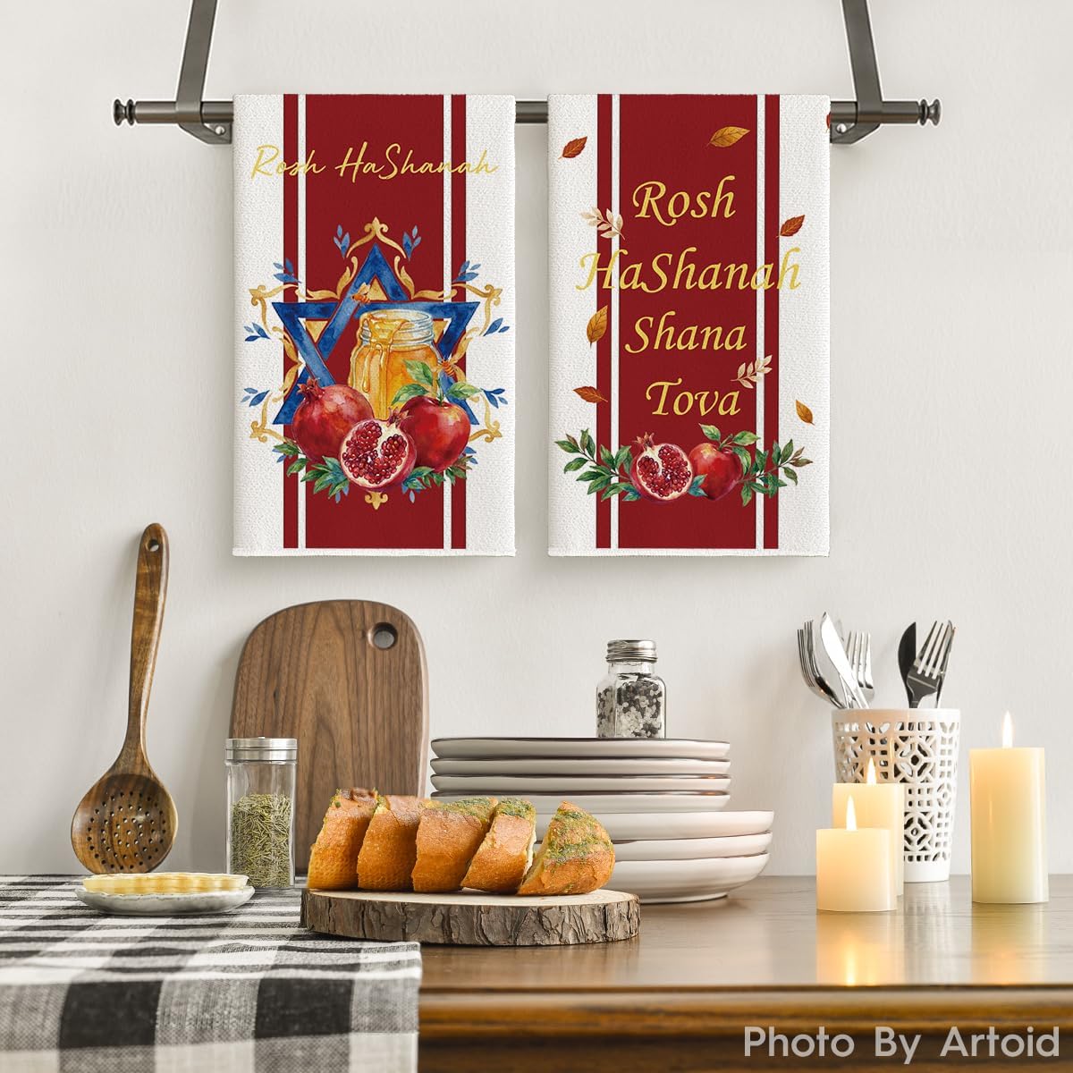 Artoid Mode Honey Pot Pomegranates Star Rosh Hashanah Kitchen Towels Dish Towels, 18x26 Inch Farmhouse Shana Tova Decoration Cleaning Set of 2
