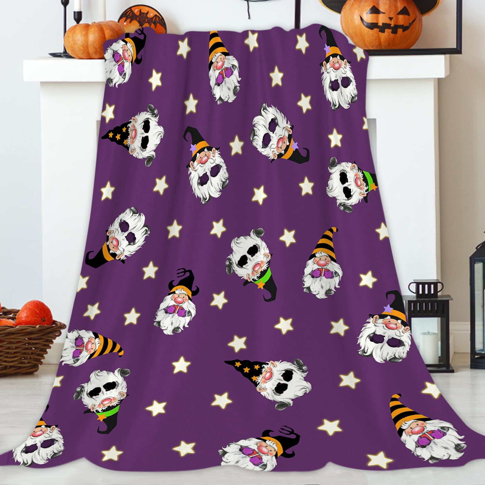 JOOCAR Hallowwen Gnome Throw Blanket Cute Gnome and Stars Purple Blanket Cozy Soft Lightweight Flannel Plush Blankets for Bed Couch Living Room Sofa Chair,60x80 Inch