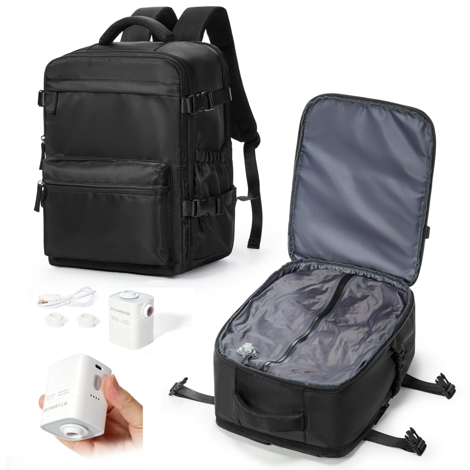 Zaino 40x30x20 Sottovuoto Viaggio Aereo Bagaglio a Mano Ryanair | con Pompa Zaino da Viaggio Impermeabile Zaini Airbag Borsa da Cabina Wizzair Vueling per Donna Uomo - Nero